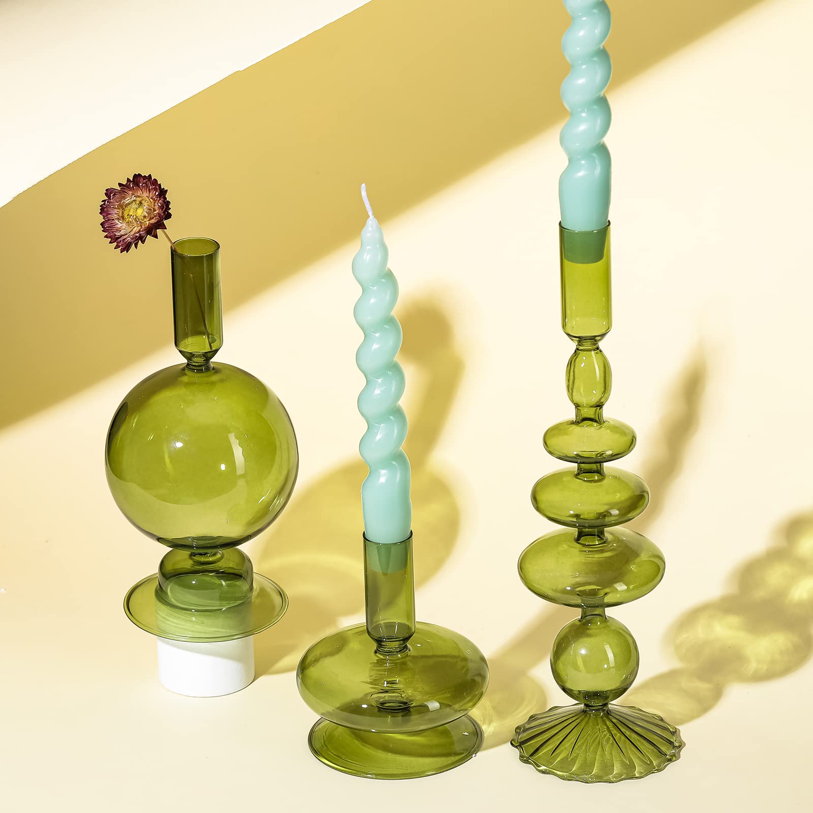 Rtteri 3-Piece Glass Candlestick Holders Set - Elegant Wavy Taper Candle Holders for Home Decor, Wedding Centerpieces & Party Decorations (Green)