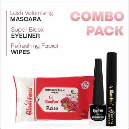 Glam Fam Rose Extract Daily Cleansing & Refreshing Wet Wipes + Super Black Eyeliner + Volumizing Mascara Combo Kit | Perfect for Travel, Makeup Removal & On-the-Go Touch Ups