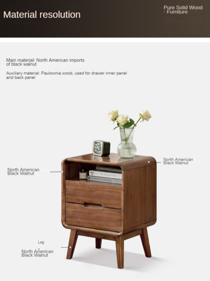 Black Walnut Solid Wood Modern Nightstand - Small Bedside Table with Storage Drawer for Bedroom, Living Room, or Office