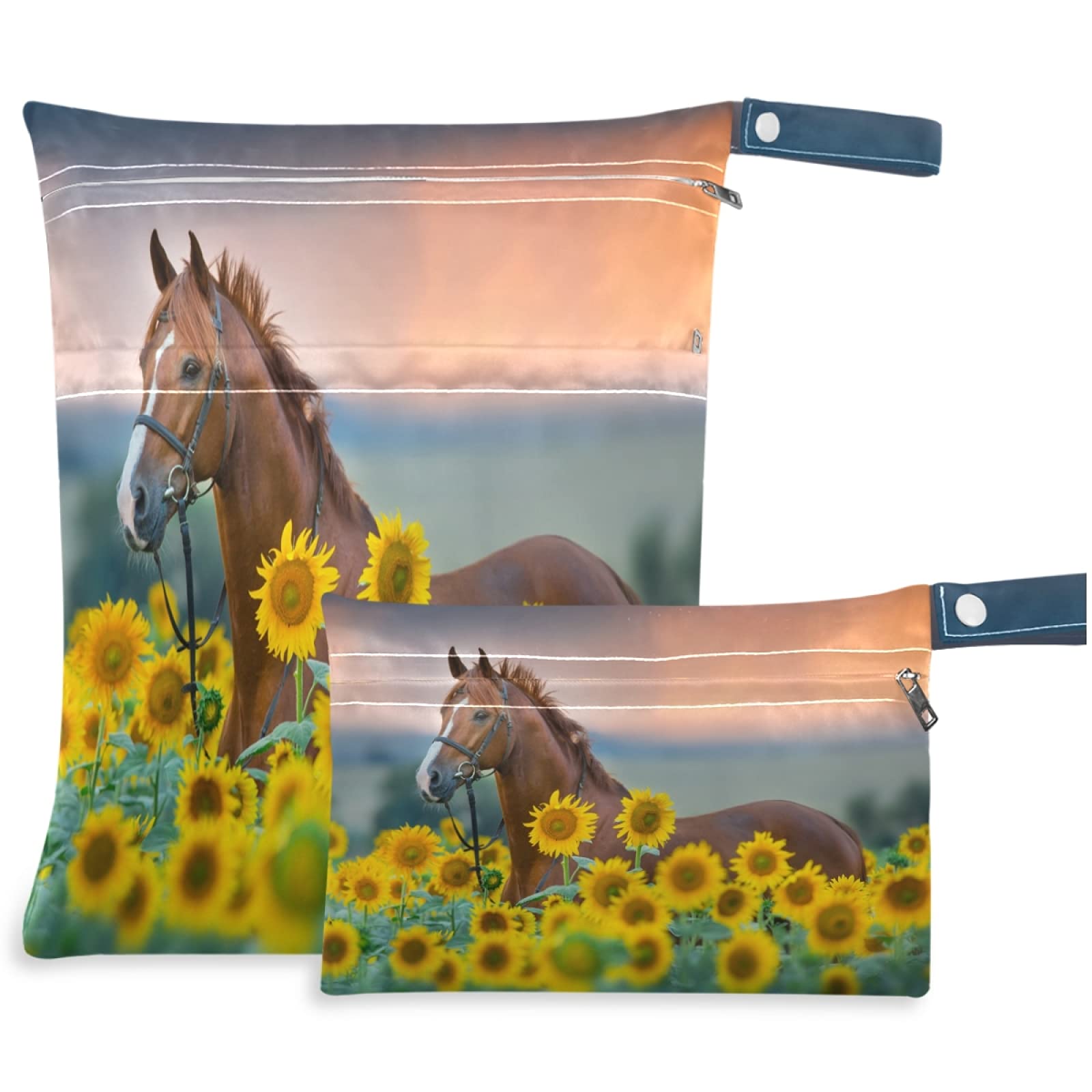 Visesunny Red Horse Sunflower 2Pcs Wet Bags with Zippered Pockets - Washable & Reusable Waterproof Storage for Travel, Beach, Pool, Daycare, Stroller, Diapers, Gym Clothes, Swimsuits & Toiletries - Perfect for Moms, Kids & Outdoor Activities