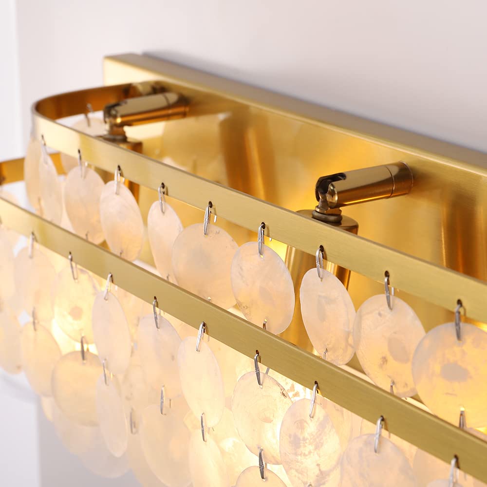 TOCHIC 3-Light Vanity Mirror Light with Natural Capiz Shell Shade, Brushed Gold Dimmable Bathroom Lighting Fixture - Modern Wall Sconce for Makeup Vanity, Powder Room, Bedroom & Living Room (23 Inch Wide) | Perfect for Soft Ambient Lighting & Elegant Home Decor