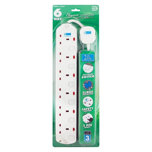 6-Outlet Surge Protector Power Strip with 2M/6.5ft Cord - Elegant Design for Home, Office & Travel | DE 296