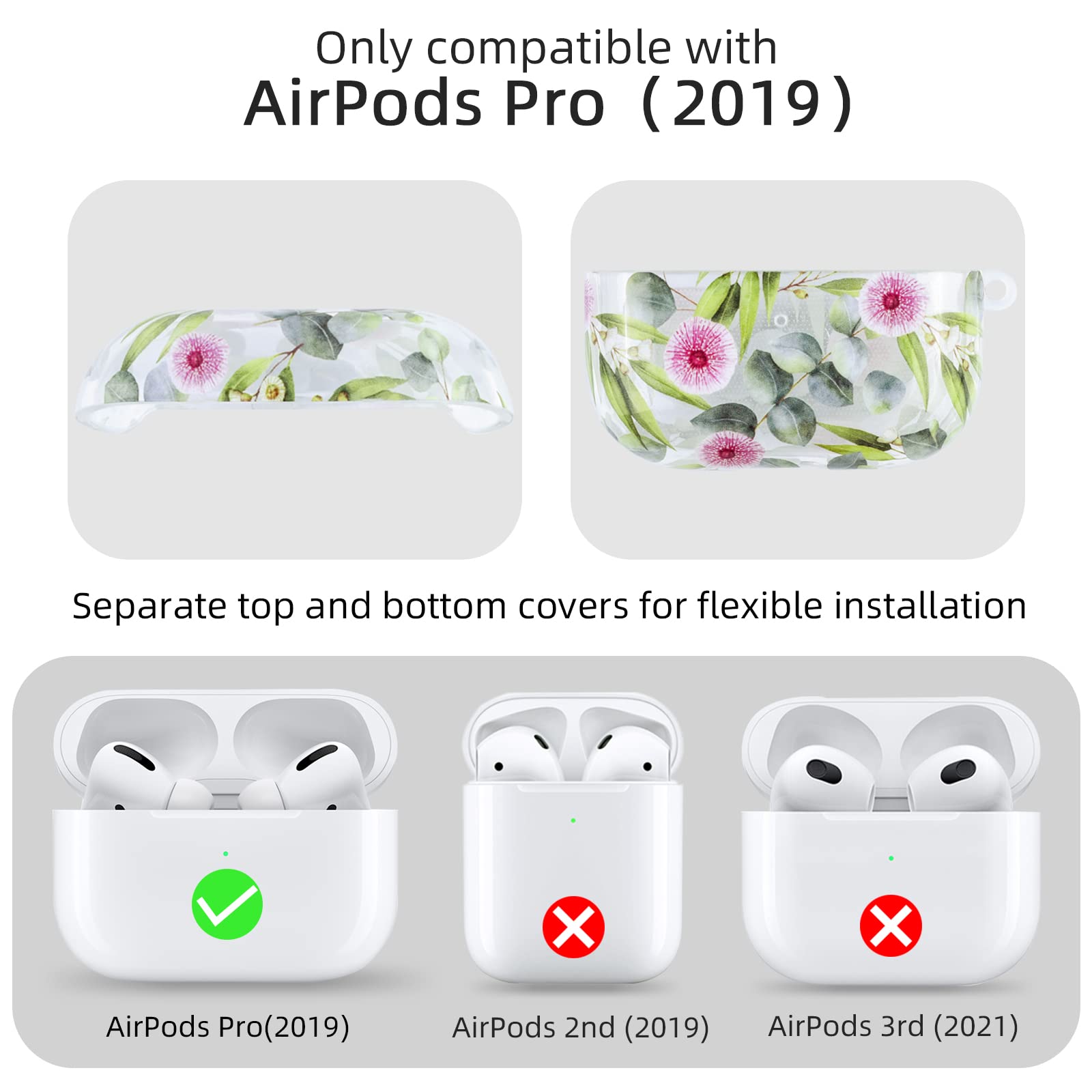 OULRAEFS Cute Hard Protective Case Cover with Wristlet Keychain & Lanyard for AirPods Pro (2019) - Clear Eucalyptus Design - Perfect Gift for Women & Girls - Ideal for Travel, Gym, and Everyday Use
