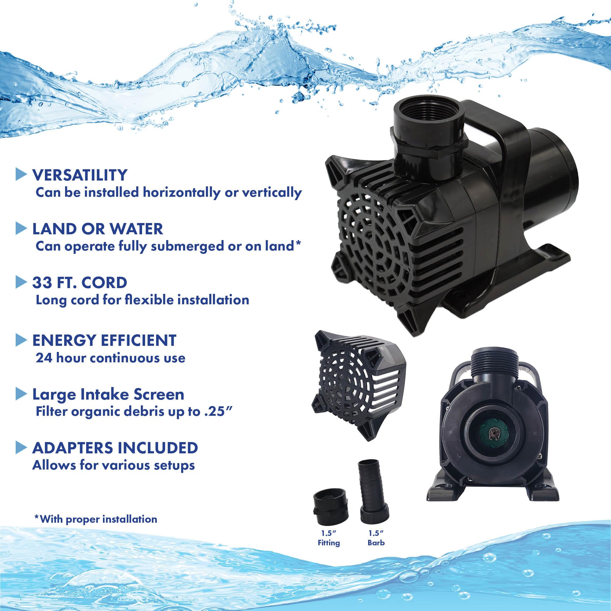 Energy Efficient 1200 GPH Submersible Water Pump for Koi Ponds, Fountains & Waterfalls - Quiet Operation, 30ft Cord, Horizontal/Vertical Installation - Perfect for Garden Ponds, Aquatic Landscapes & Water Features