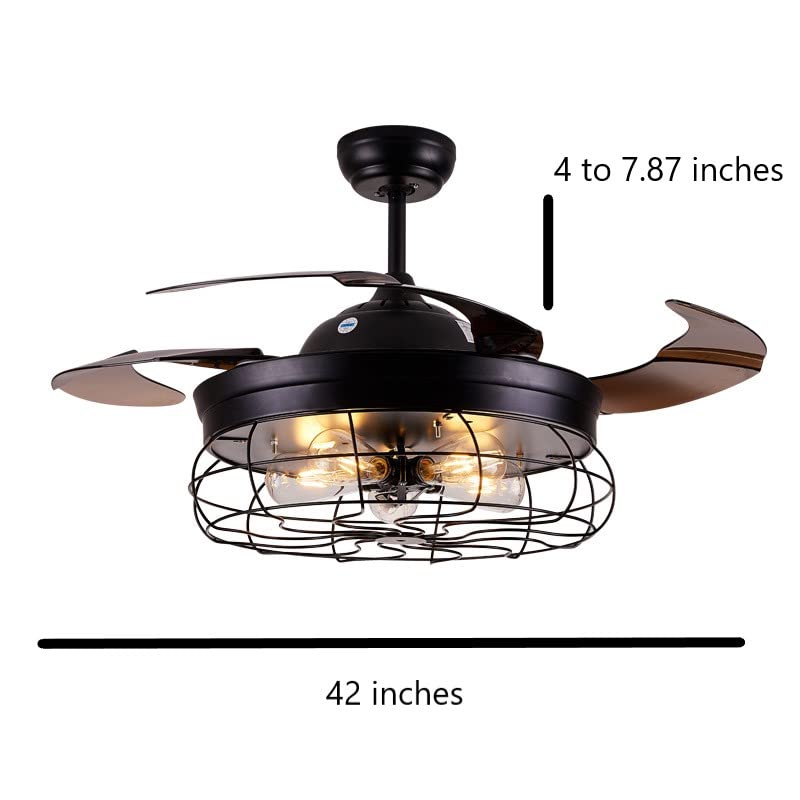 42 Inch Vintage Industrial Ceiling Fan with Light - Remote Control Retractable Blade Cage Chandelier for Living Room, Bedroom & Patio