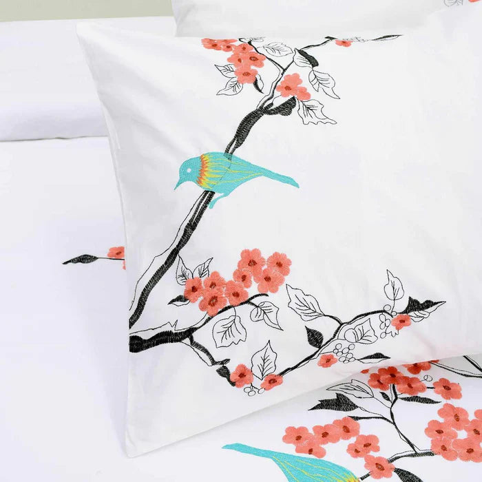Premium Cotton Cherry Blossom Floral Embroidered Duvet Cover Set - Soft Bedding for Spring & Summer - Perfect for Master Bedroom, Guest Room & Dorm Decor