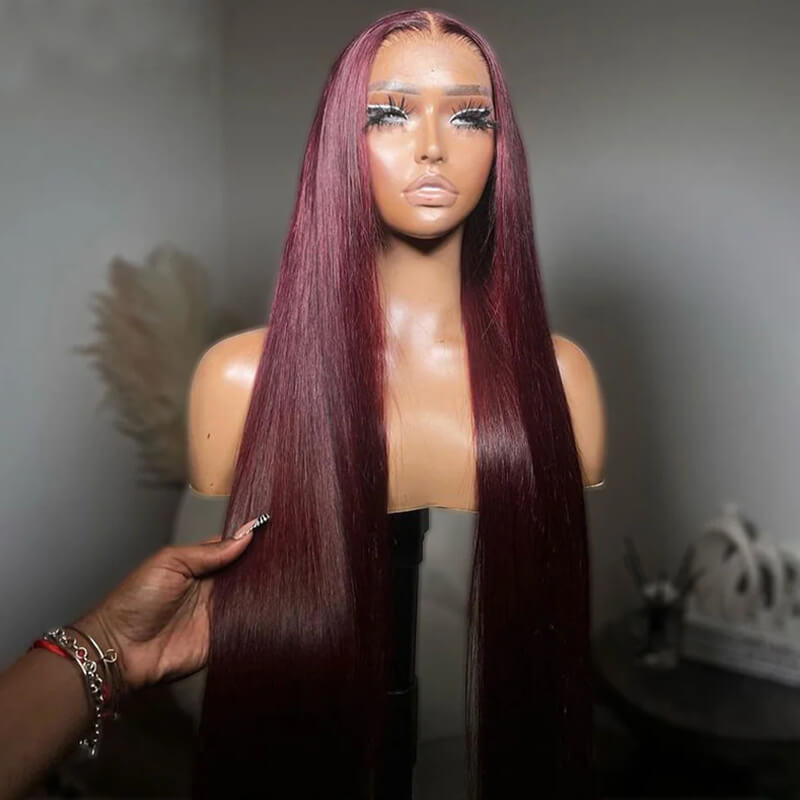Eullair Pre-Colored Dark #99J Burgundy Frontal Wig - Natural Looking Human Hair Lace Front Wig for Women | Perfect Fall Color for Daily Wear, Parties & Special Occasions
