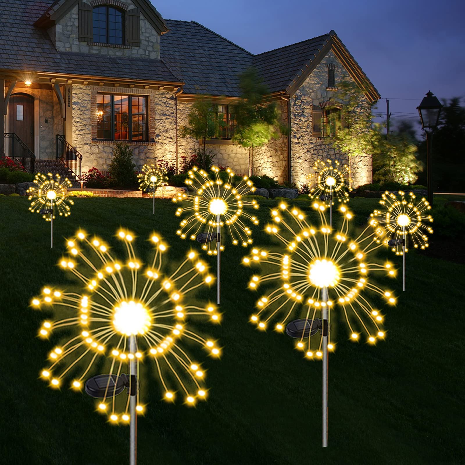 XVZ Solar Garden Lights - 2 Pack 120 LED Solar Powered Firework Lights with 2 Modes, Waterproof Outdoor Decorative Lighting for Walkway, Pathway, Backyard, Christmas & Party Decor (Warm White) - Perfect for Landscape Lighting, Patio Ambiance & Holiday Celebrations