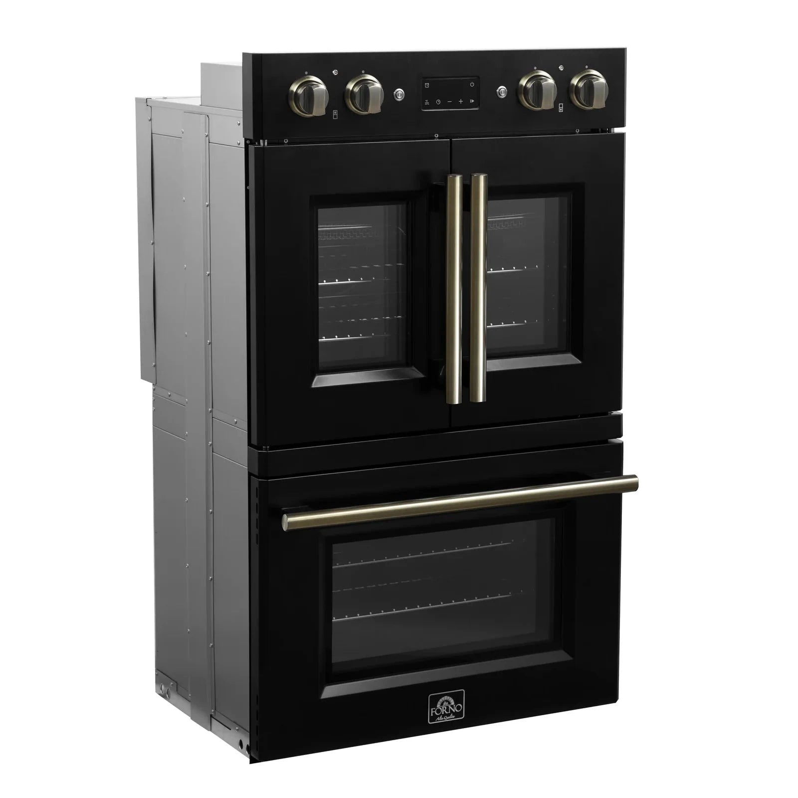 Forno Asti 30-Inch Double Electric Wall Oven with French Door Design - Matte Black Finish & Antique Brass Trim (Model FBOEL1340 30BLK) | Perfect for Modern Kitchens, Baking, and Entertaining