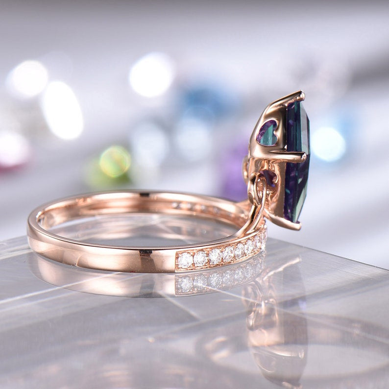 11x8mm Kite Alexandrite Engagement Ring & Half Eternity Diamond Wedding Band in Rose Gold - Perfect for Proposals, Anniversaries & Bridal Jewelry Sets