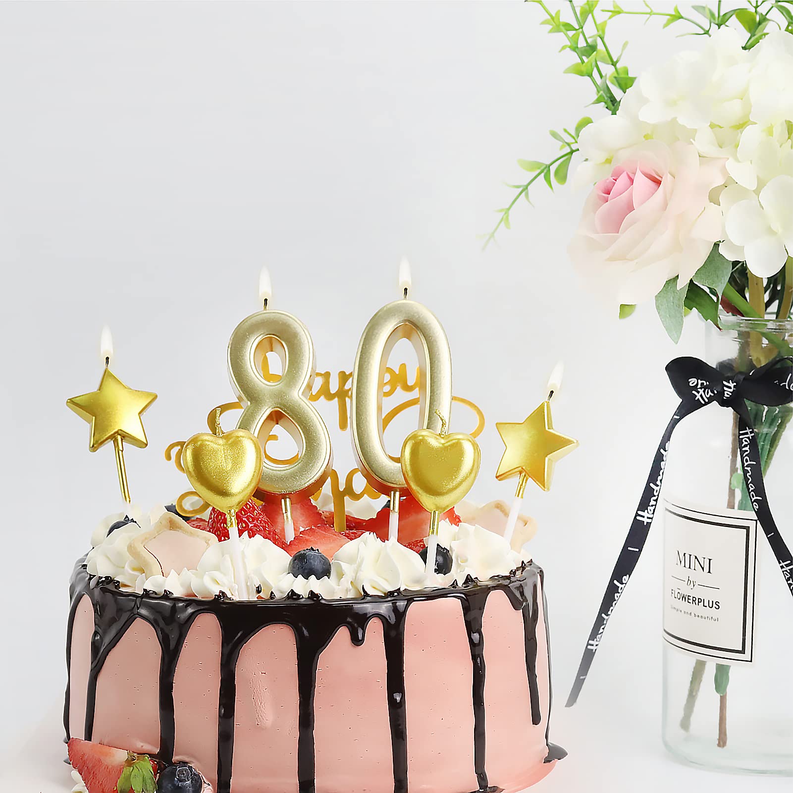 Gold 4th Birthday Candles with Star & Heart Toppers for Cake Decoration - Party, Kids, Adults