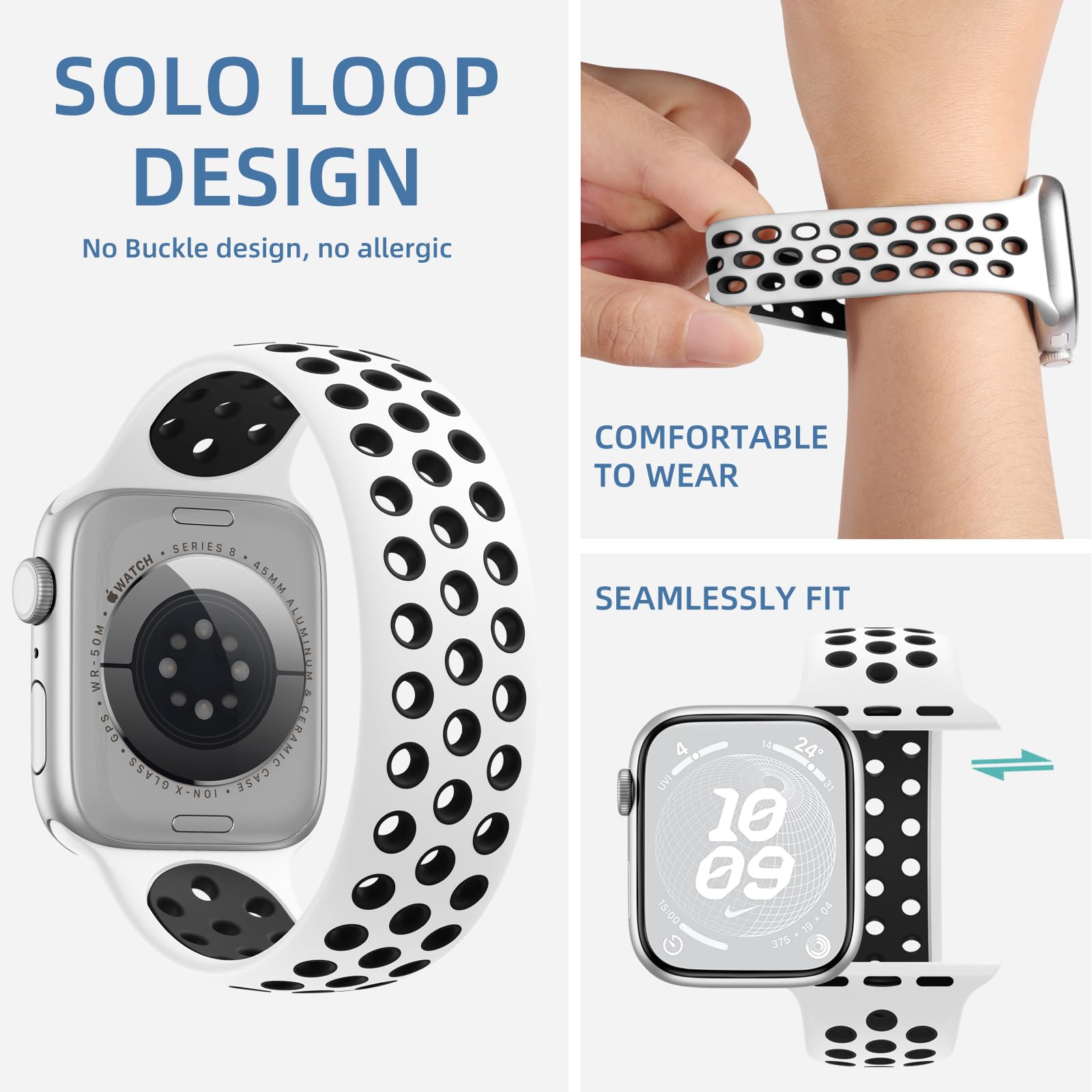 Breathable Soft Silicone Sport Loop Strap Compatible with Apple Watch 40mm 41mm 38mm - iWatch Series 9/8/7/6/5/4/3/2/1/SE/Ultra - Adjustable Band for Women & Men (White/Black) - Perfect for Running, Gym & Daily Wear