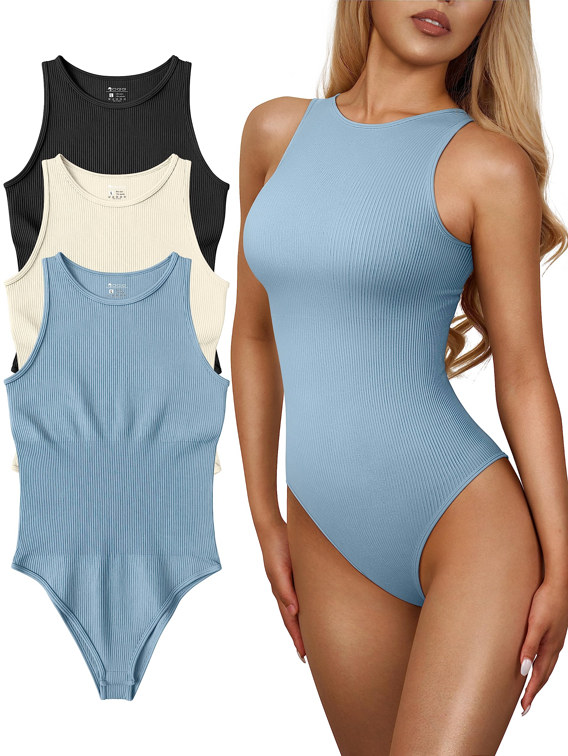 OQQ Women's 3 Piece Bodysuits - Sexy Ribbed Sleeveless Halter Neck One Piece Bodysuit Set for Party, Club, Date Night & Everyday Wear