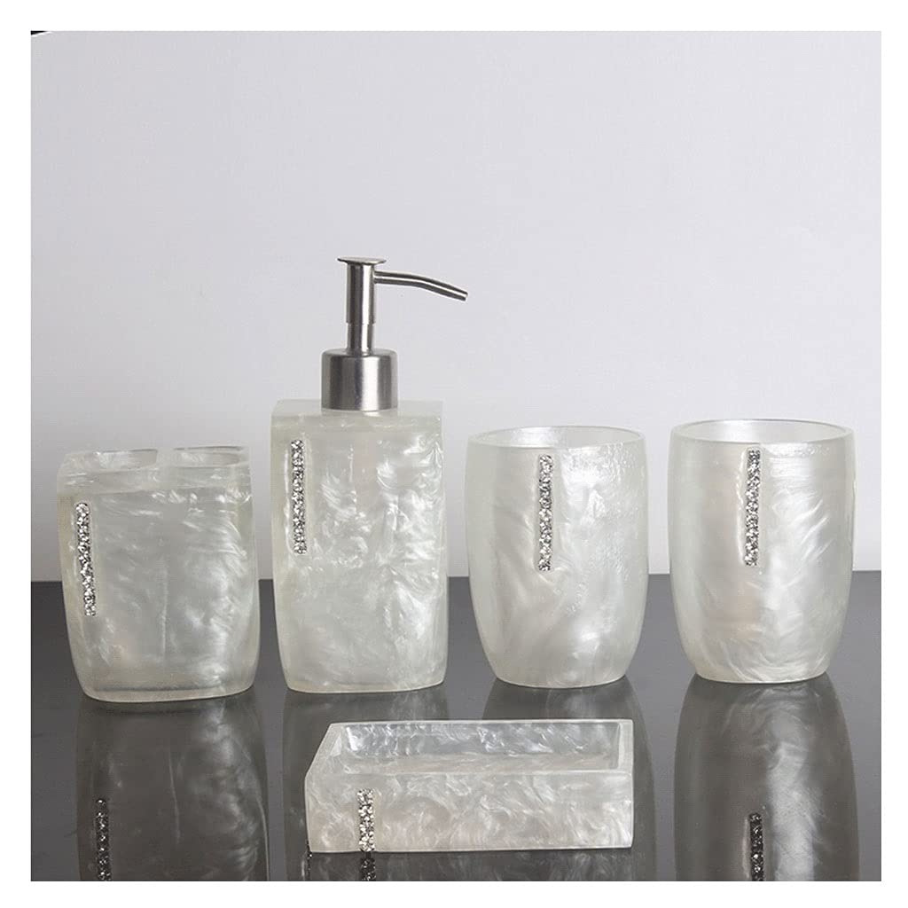 5-Piece Diamond-Studded Bathroom Accessories Set - Soap Dispenser, Toothbrush Holder, Soap Dish & Mouthwash Cup | Elegant Bathroom Organization Kit for Home, Hotel & Spa | Refillable Liquid Dispenser for Modern Bathroom Decor