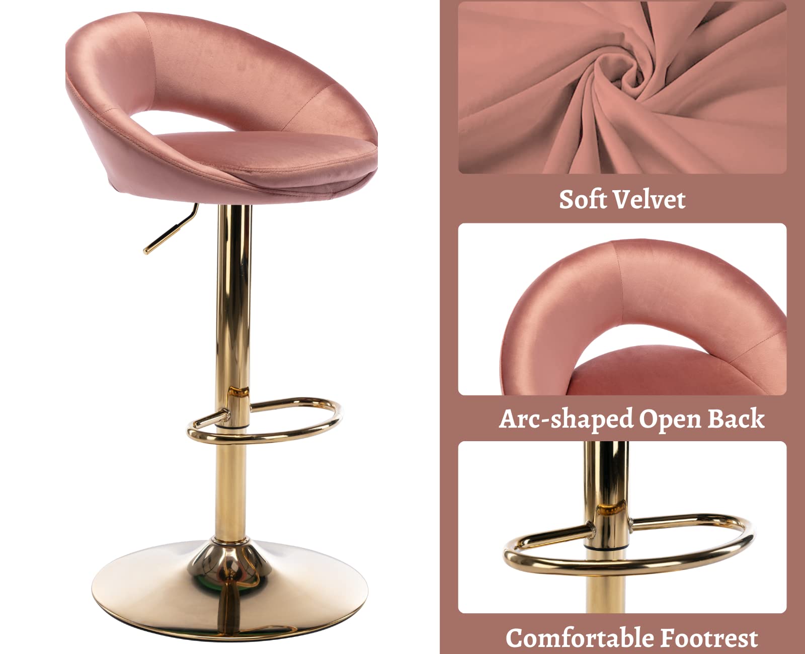 EALSON Modern Swivel Bar Stools Set of 2 - Adjustable Height Low Back Kitchen Island Stools with Gold Base & Velvet Upholstery, Pink - Perfect for Breakfast Bars, Home Bars, and Kitchen Counter Seating