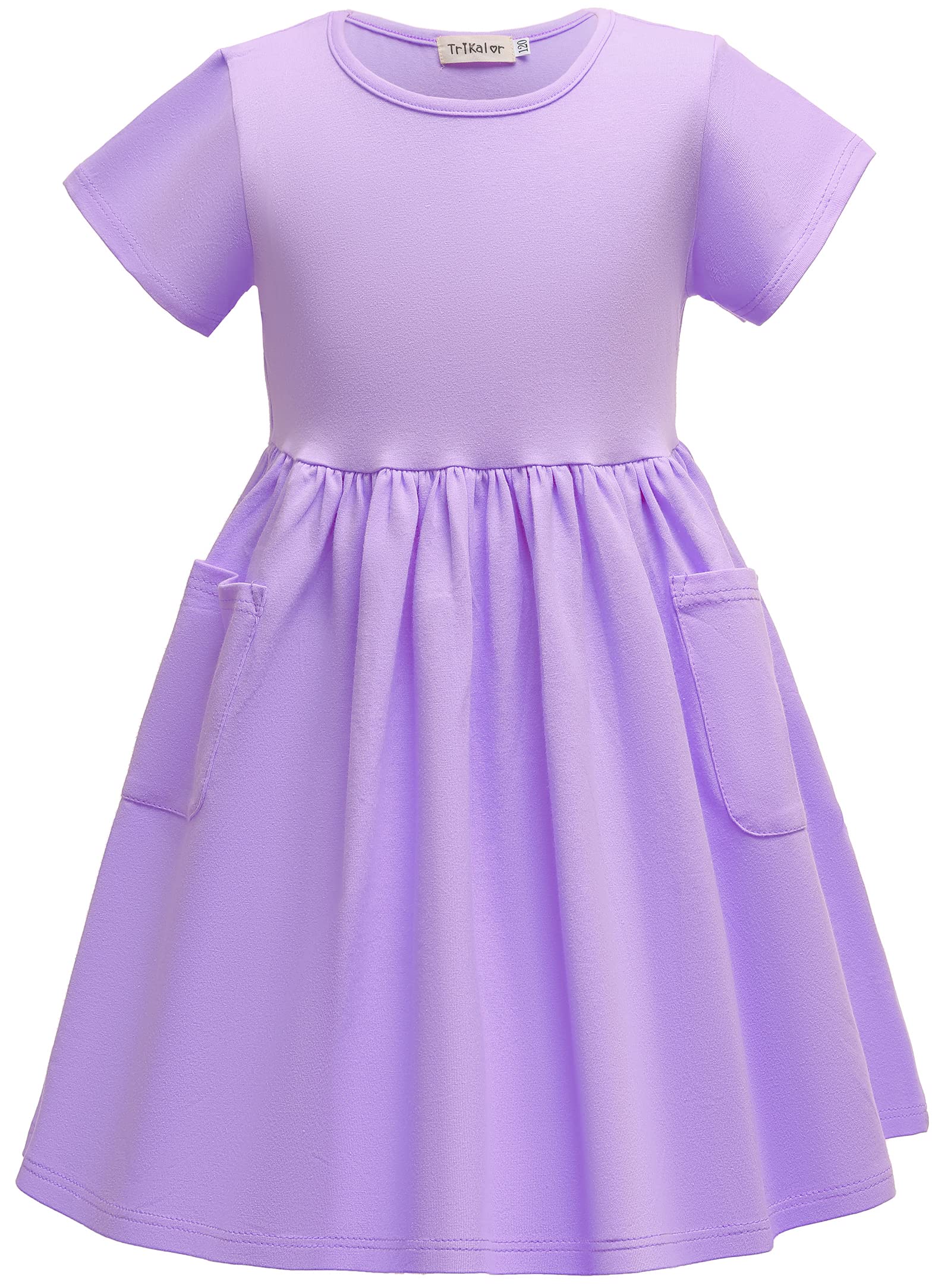 Girls Short Sleeve Solid Color A-Line Pleated Dress with Pockets - Casual Summer Dress for Kids, Playdates & Birthday Parties