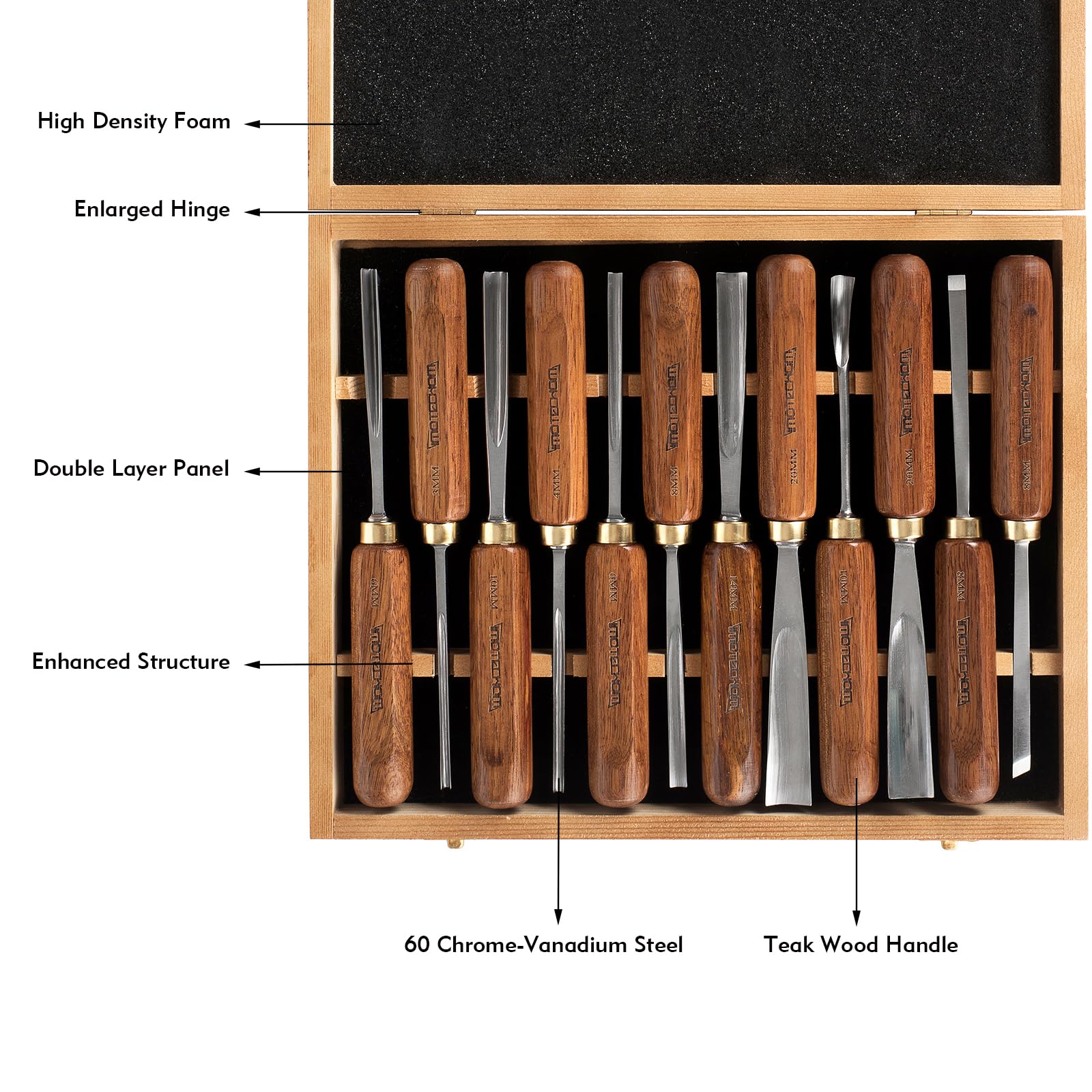 12-Piece Wood Carving Chisel Set with Wooden Box - Premium CR-V 60 Steel Blades for Woodworking, DIY Projects & Home Improvement - Perfect for Carving, Sculpting & Fine Wood Detailing