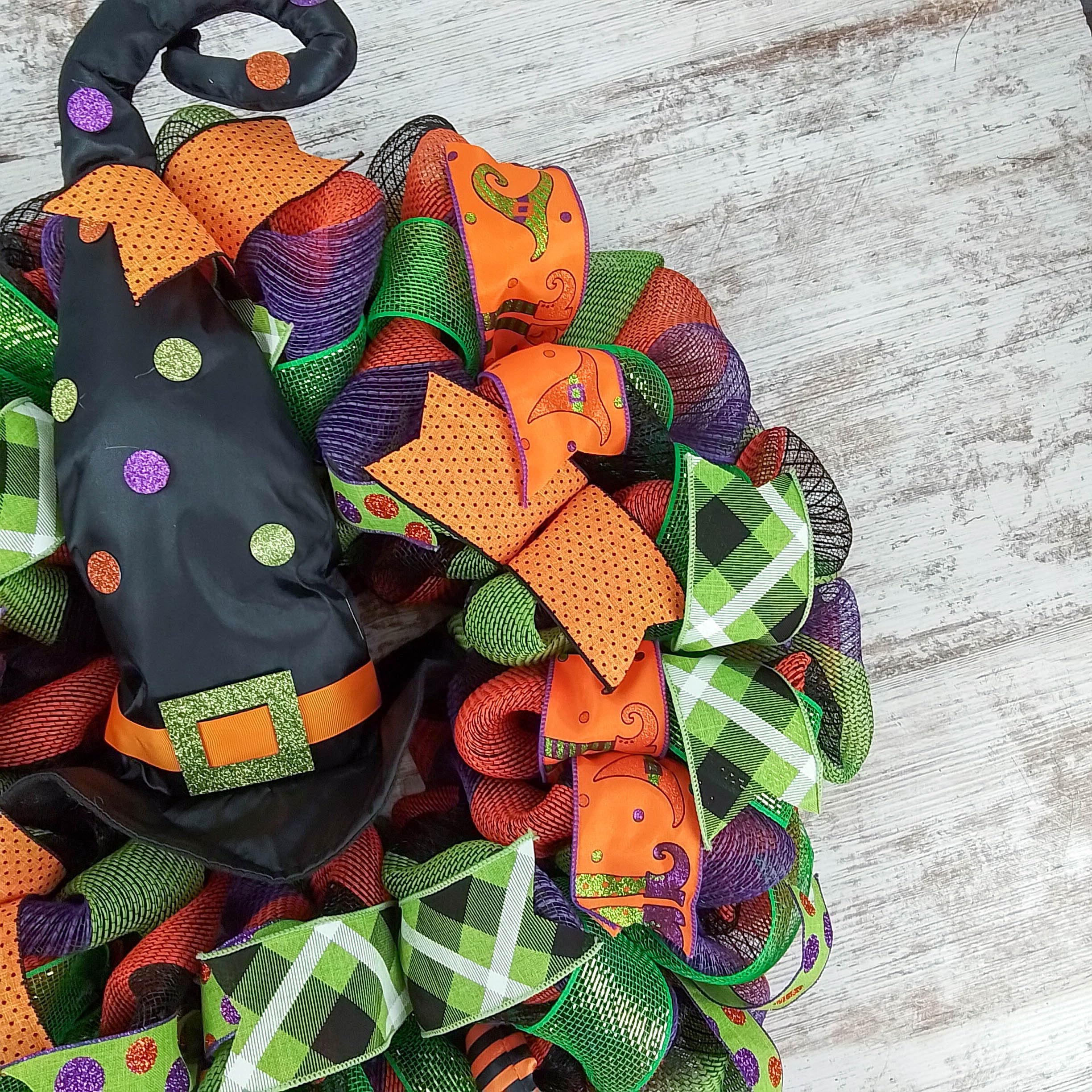 Halloween Witch Wreath with Hat & Legs - Lime Green, Black & Orange Mesh Welcome Door Decor for Spooky Front Porch | Perfect for Halloween Party Decorations & Haunted House Entrance
