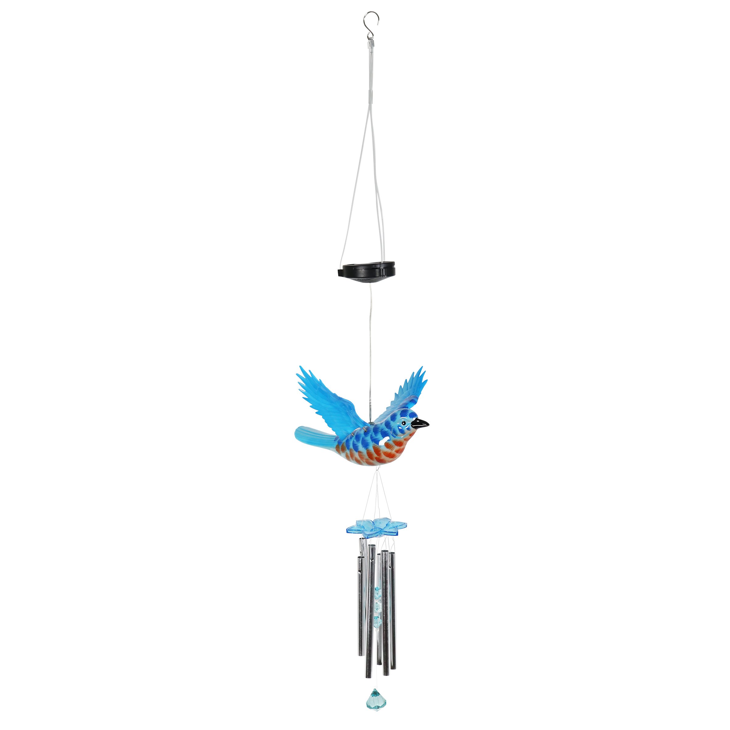 Solar-Powered Blue Bird Wind Chime with Fluttering Wings & 2 LED Lights - 12.5