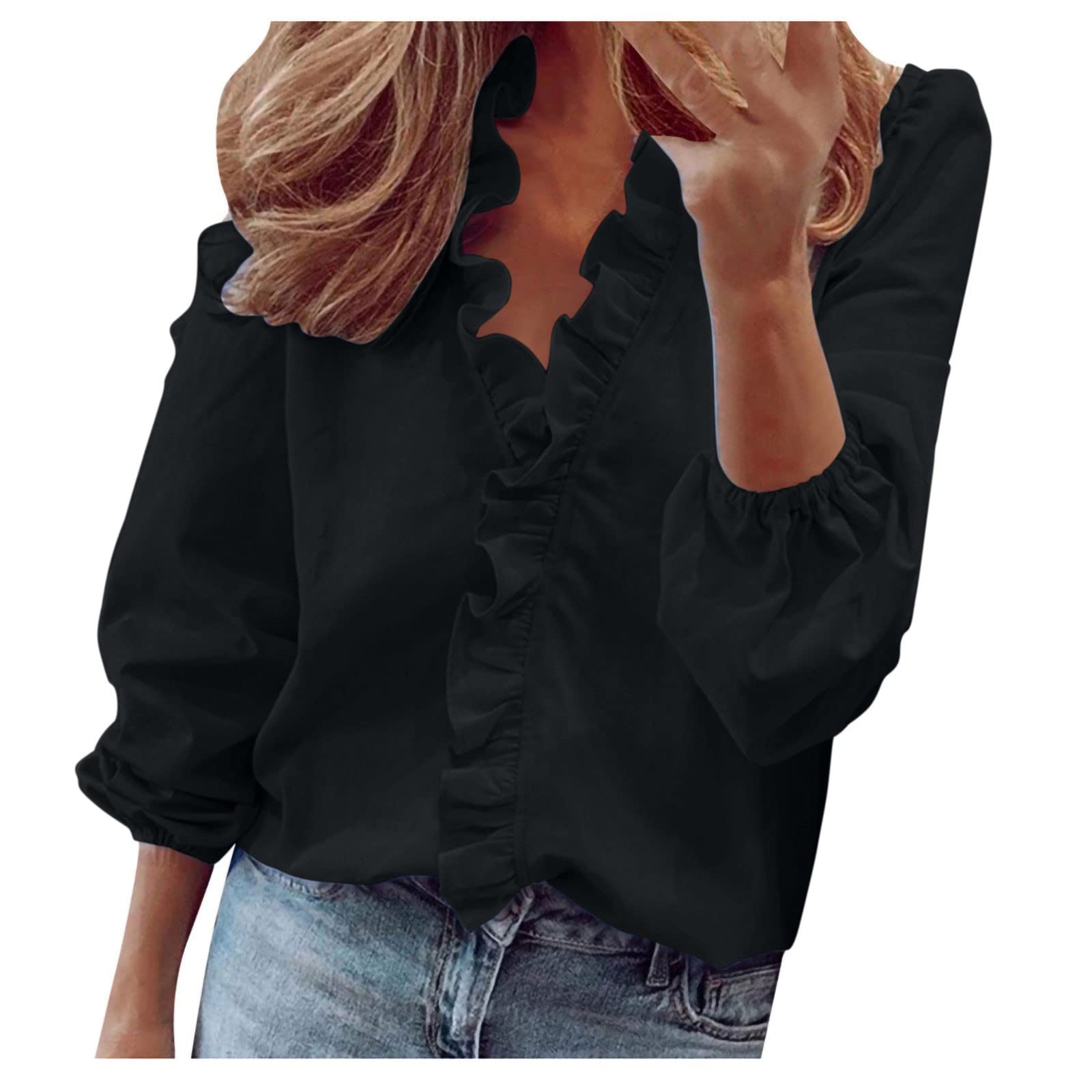 Women's Ruffle Collar V-Neck Long Sleeve Blouse - Cute Workout & Casual Solid Pullover Tee Shirt for Gym, Office & Everyday Wear