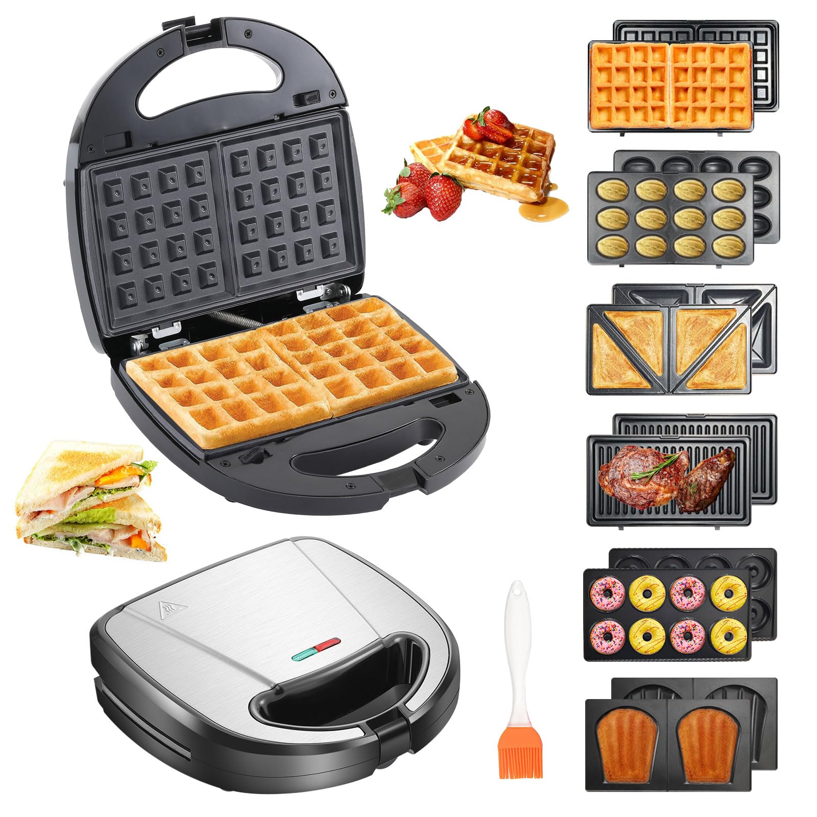 6-in-1 Waffle Maker & Panini Press Grill - Electric Sandwich Maker with Removable Non-Stick Plates for Grilled Cheese, Tuna Melts, Burgers - Perfect for Breakfast, Brunch & Family Gatherings
