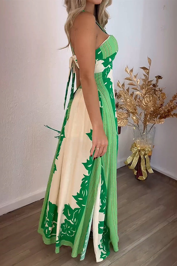 Unique Print Halter Neck Hollow Back Tie Maxi Dress - Flowy Summer Beach Dress for Women, Boho Chic Party & Vacation Outfit