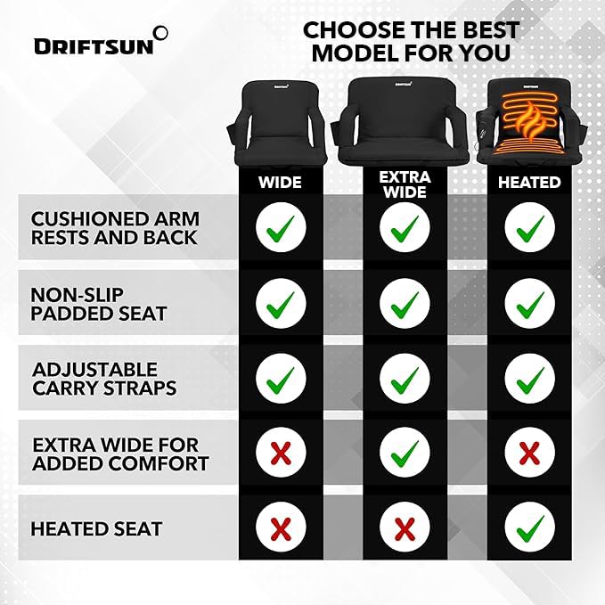 Driftsun 2 Pack Extra Wide Stadium Seats with Back Support - Foldable Bleacher Chairs for Outdoor Sports, Concerts & Events - Waterproof Portable Stadium Seating for Football, Baseball, Soccer Games & Picnics