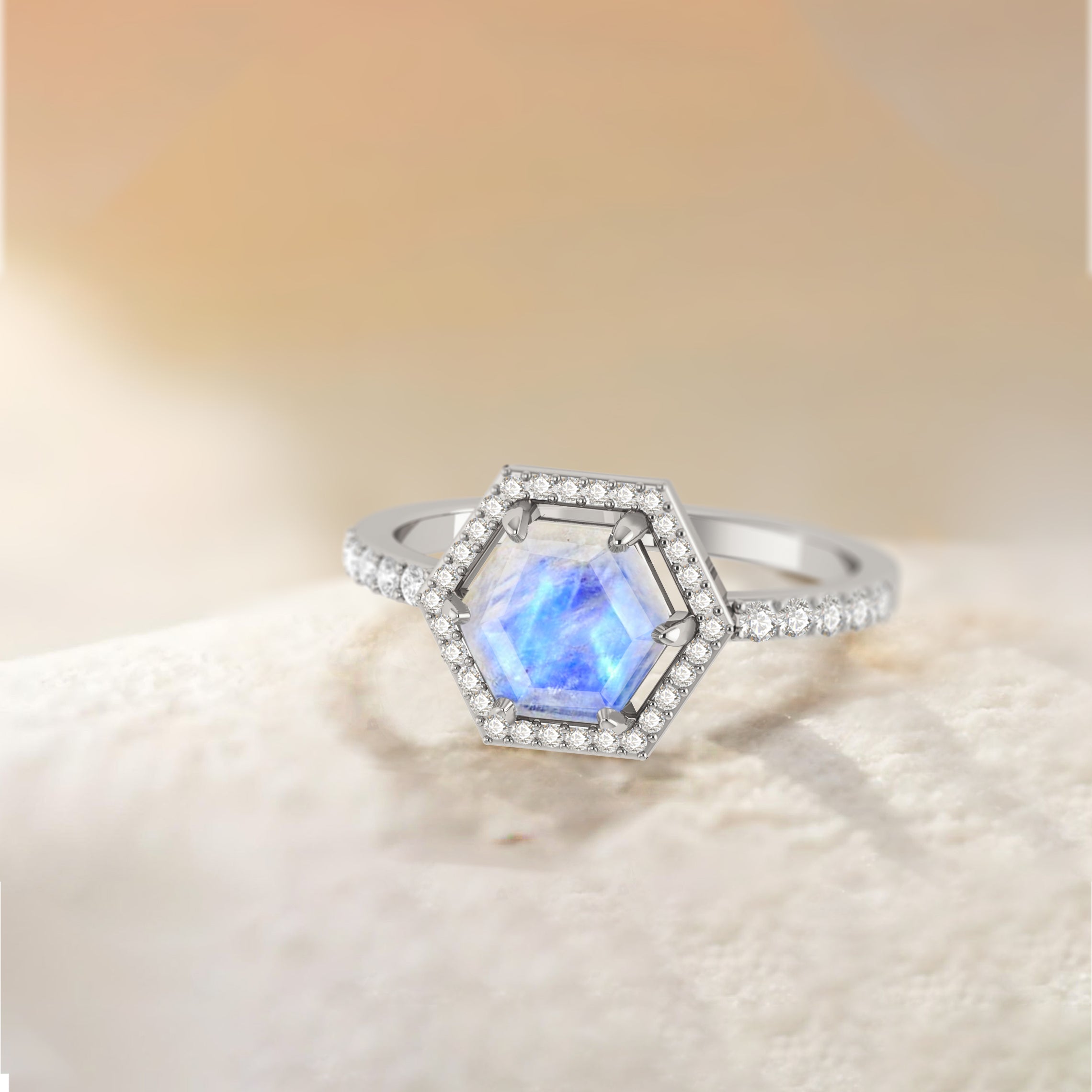 Hexagon Style Natural Moonstone Halo Ring - Sterling Silver Women's Jewelry for Engagement, Wedding & Everyday Wear | Elegant Boho Gift for Her