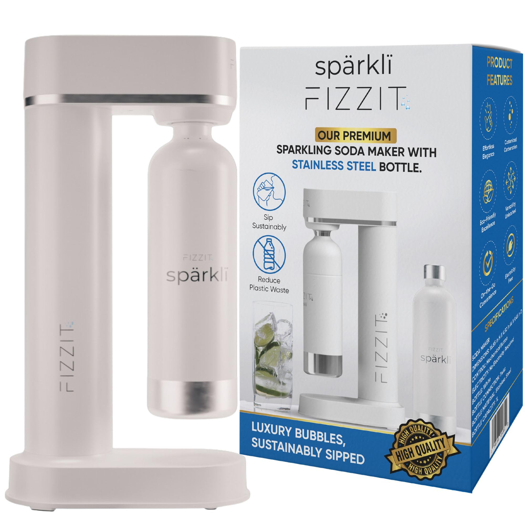 Premium White Stainless Steel Sparkling Water Maker & Soda Machine with CO2 Cylinder - Includes 1L Reusable BPA-Free Bottle for Home Carbonation | Perfect for Healthy Drinks, Cocktails & Party Beverages