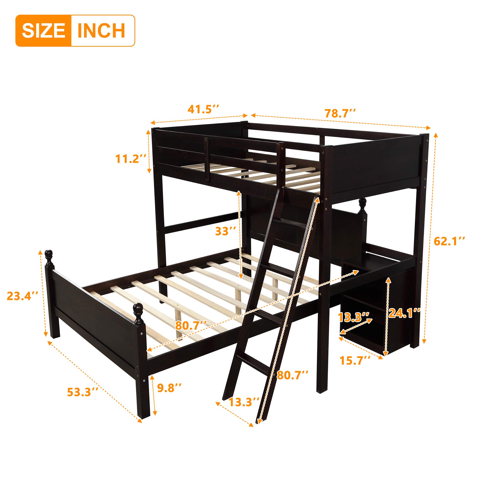 KLMM Twin Over Full Bunk Bed - Solid Wood Loft Bed Frame with Cabinet, Ladder & Guardrail | Convertible to 2 Separate Beds | Space-Saving Kids Bedroom Furniture (Espresso Finish) | Perfect for Small Rooms, Guest Rooms & Shared Kids' Bedrooms