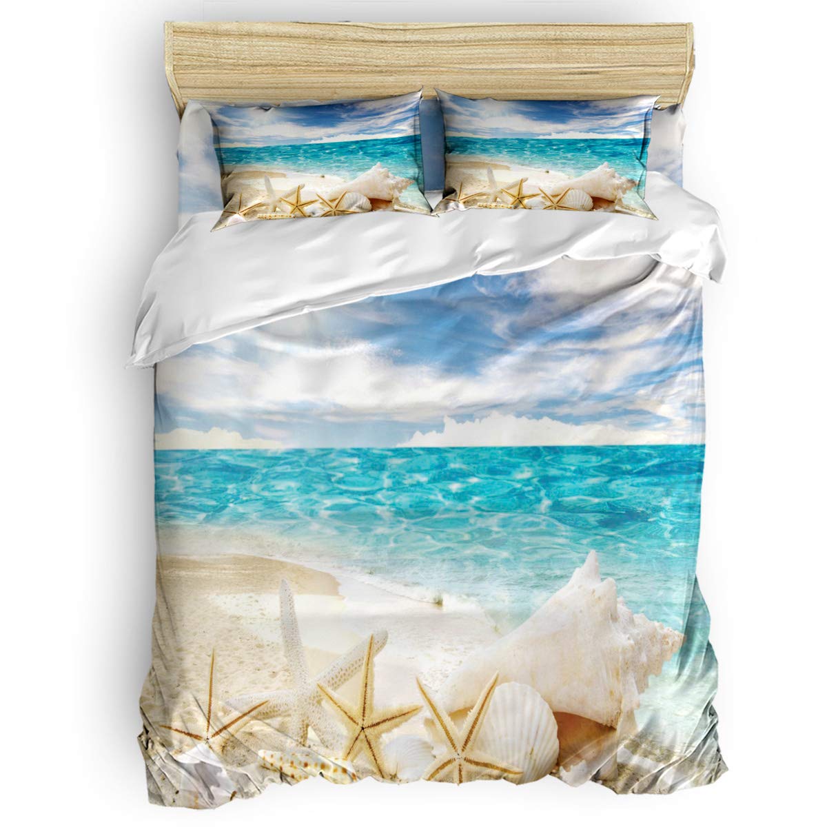 Fantasy Ocean Beach Duvet Cover Set 4-Piece Queen Size - Blue Skyline Starfish Seashell Design with Matching Flat Sheet & Pillowcases | Coastal Bedroom Decor for Beach House or Vacation Home
