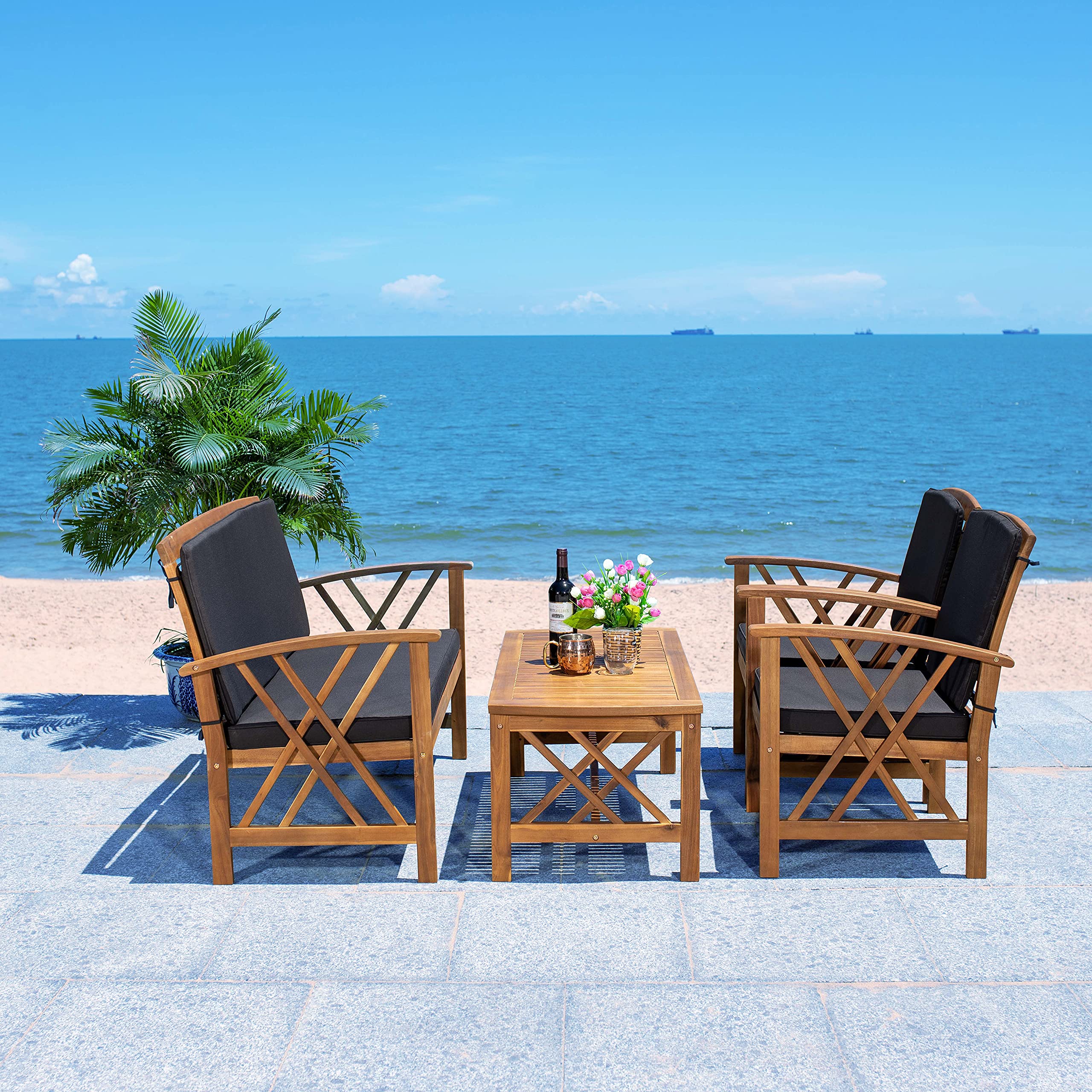SAFAVIEH Outdoor Collection Fontana Natural/Black 4-Piece Patio Conversation Set - Water-Resistant Cushions for Backyard, Garden & Poolside Relaxation
