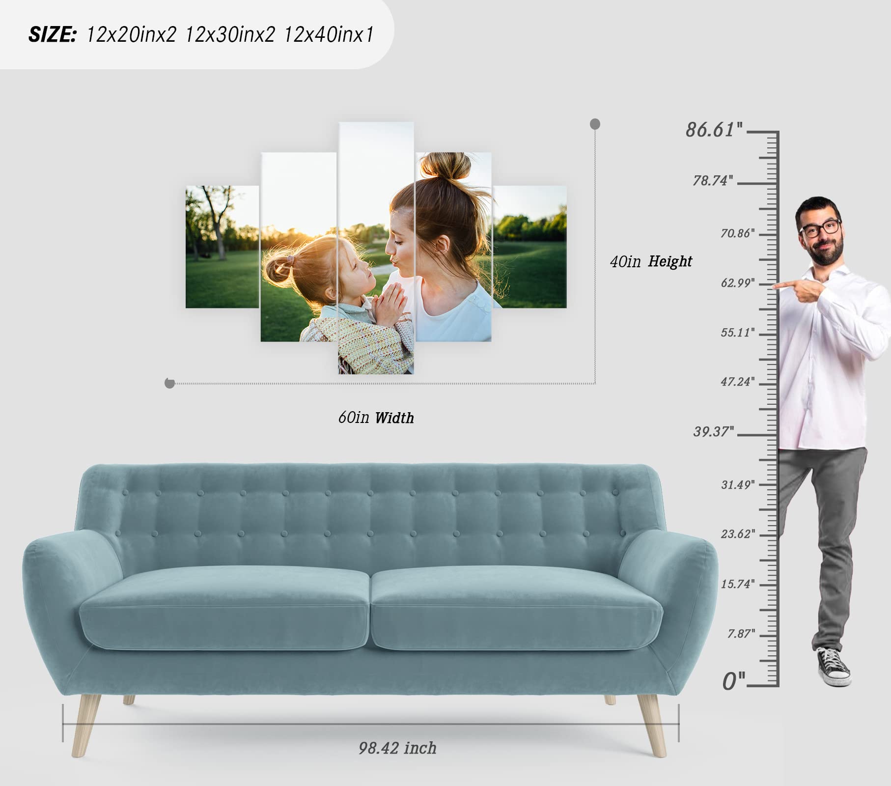 Custom 5 Panel Wall Art with Your Photos - Personalized Canvas Prints, Custom Poster Gifts & Picture Painting - Ready to Hang (12x20in x2, 12x30in x2, 12x40in x1) - Perfect for Home Decor, Office Wall Art & Unique Gift Ideas