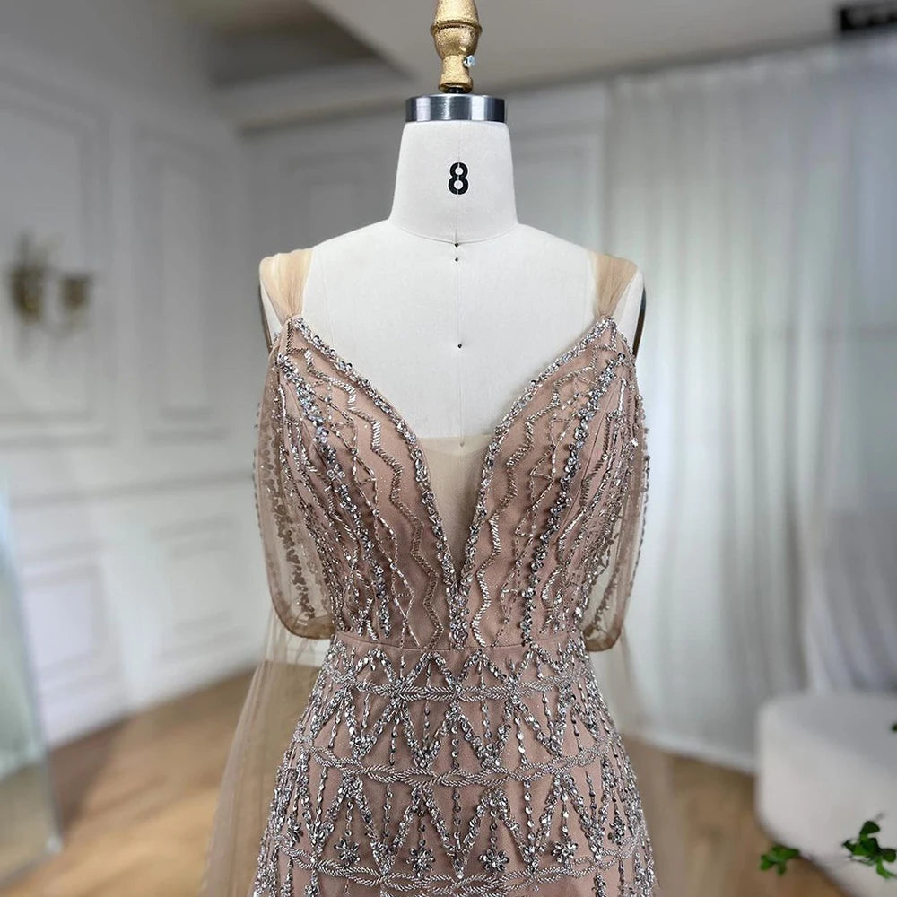 Luxury Dubai Arabic Nude A-Line Midi Strapless Beaded Evening Dress Gown for Women - Wedding, Party, Prom, Formal Occasions LA71911