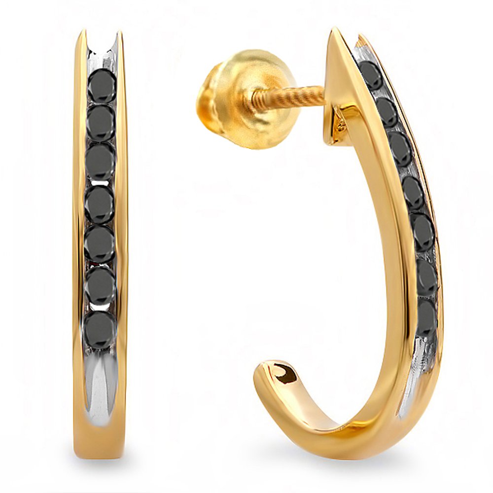 Dazzlingrock Collection 0.15 Carat Total Weight 18K Yellow Gold J-Shaped Hoop Earrings for Women - Elegant Fancy Jewelry for Parties, Weddings & Special Occasions