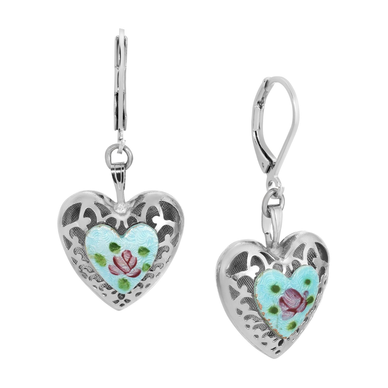 1928 Vintage Pink Rosebud Heart Drop Earrings - Handmade Jewelry for Women - Perfect for Weddings, Anniversaries & Romantic Date Nights