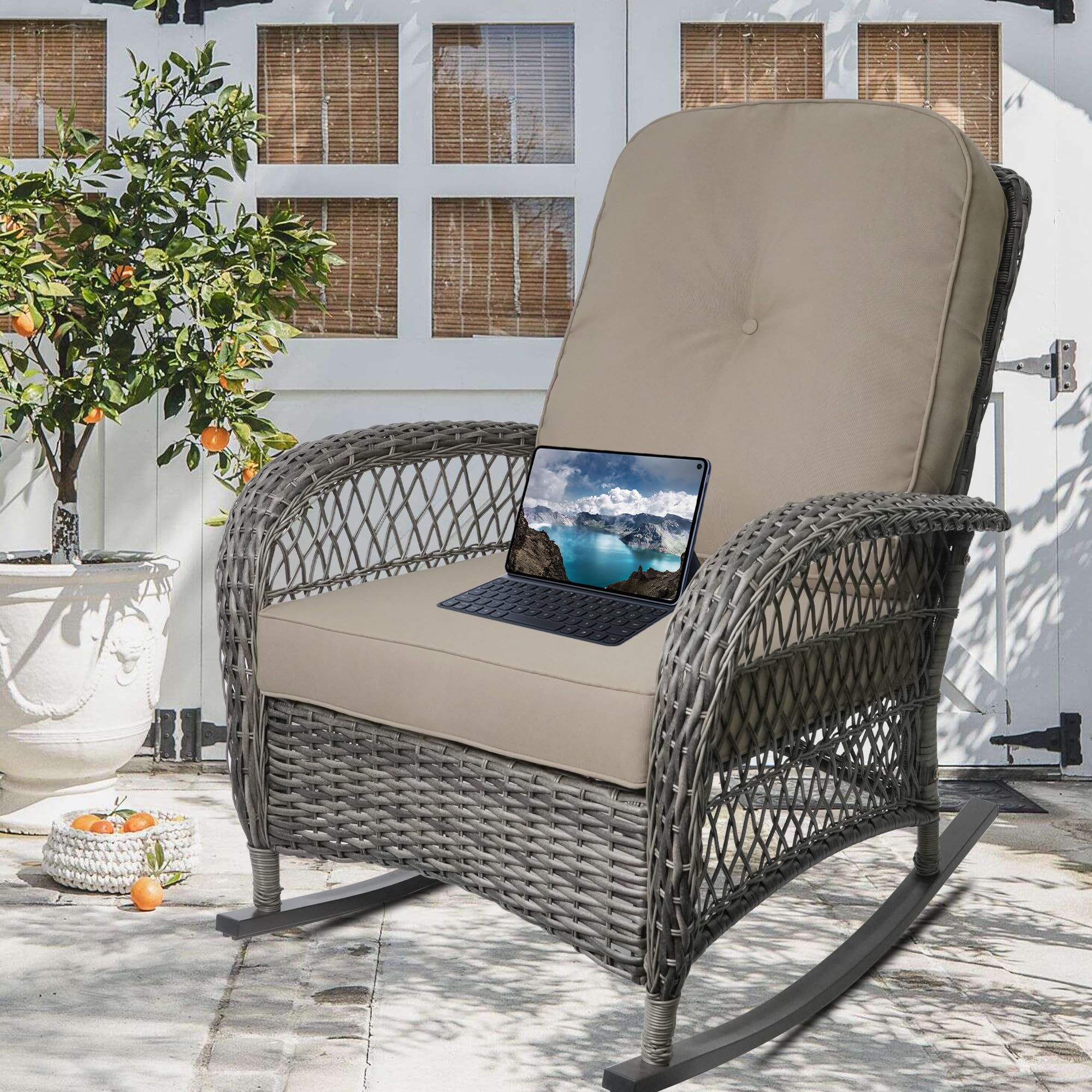 All-Weather Brown Resin Wicker Rocking Chair - Outdoor Garden, Backyard, Lawn & Porch Furniture - Perfect for Relaxing & Lounging in Sun or Shade