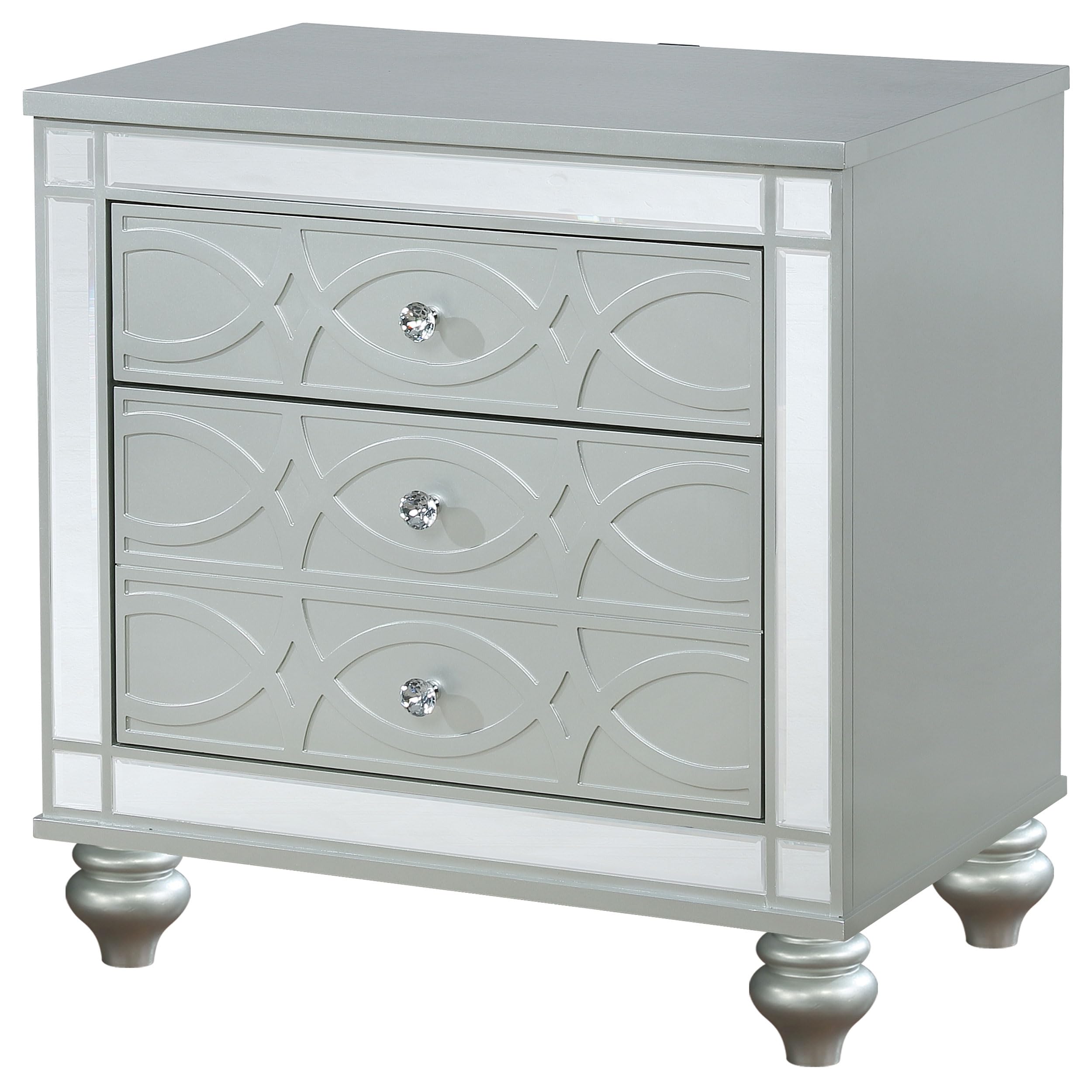 Modern Wood Nightstand with 2 Drawers & USB Charging Port - Silver Metallic Bedside Table for Bedroom Storage | Coaster Home Furnishings Gunnison Collection | Perfect for Small Spaces, Apartment Living & Guest Rooms