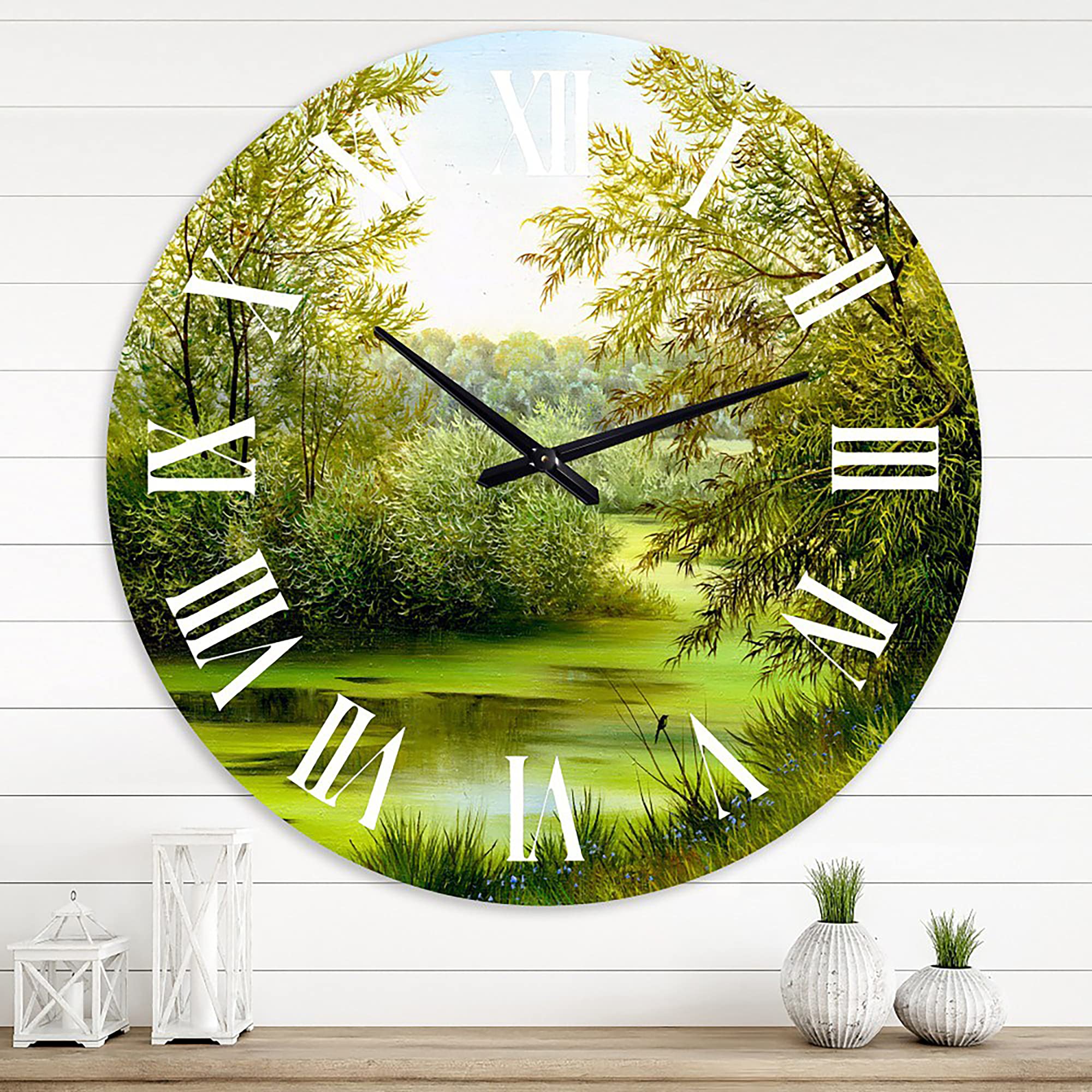 DesignQ Large Country Wall Clock - 'Green Pond with Spring Trees' Landscape Nature Decor for Living Room, Bedroom & Office | Silent Non-Ticking Rustic Home Décor