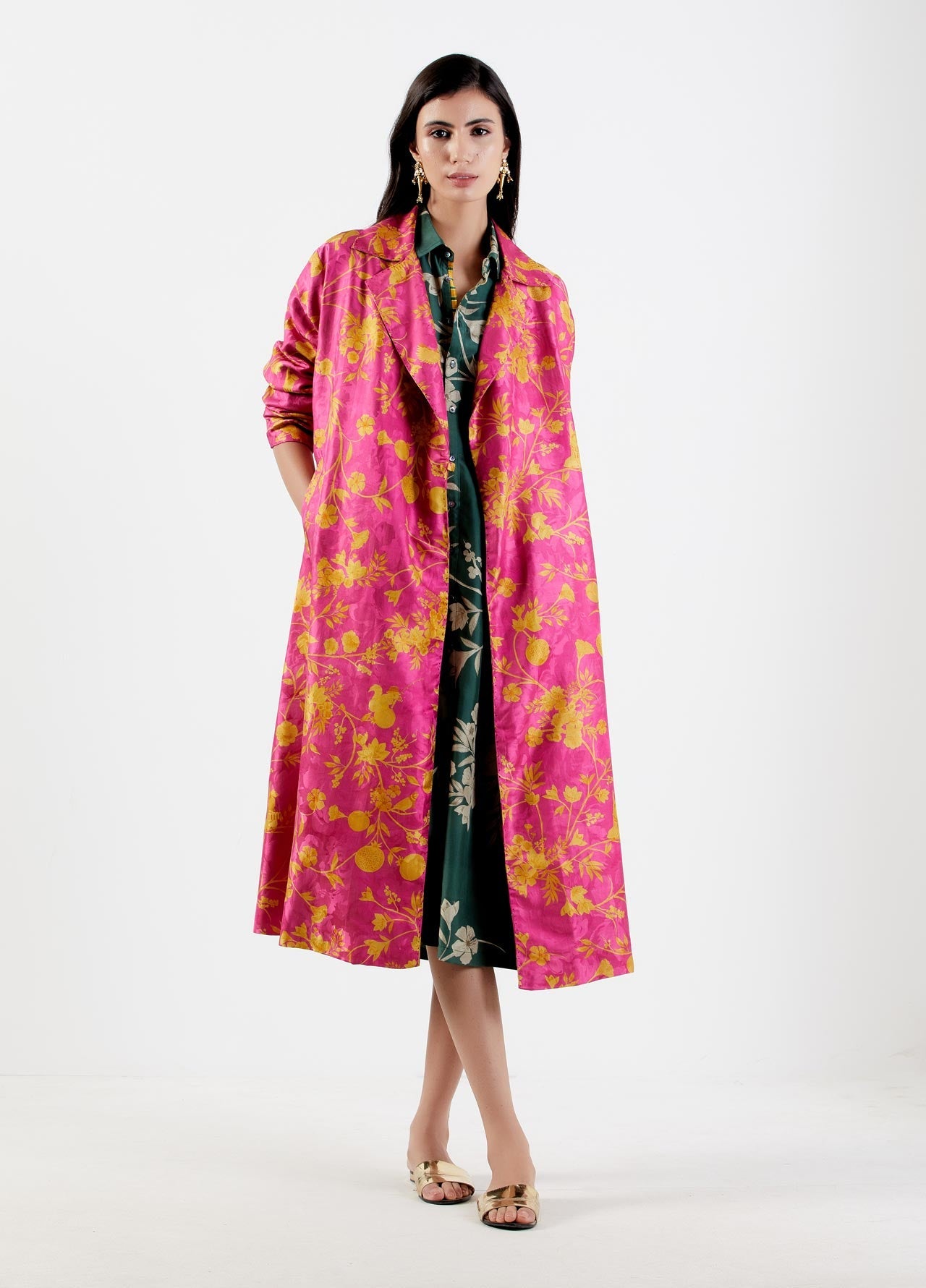 Luxury Long Silk Damask Coat for Women - Elegant Rani Style Outerwear for Formal Events & Evening Occasions