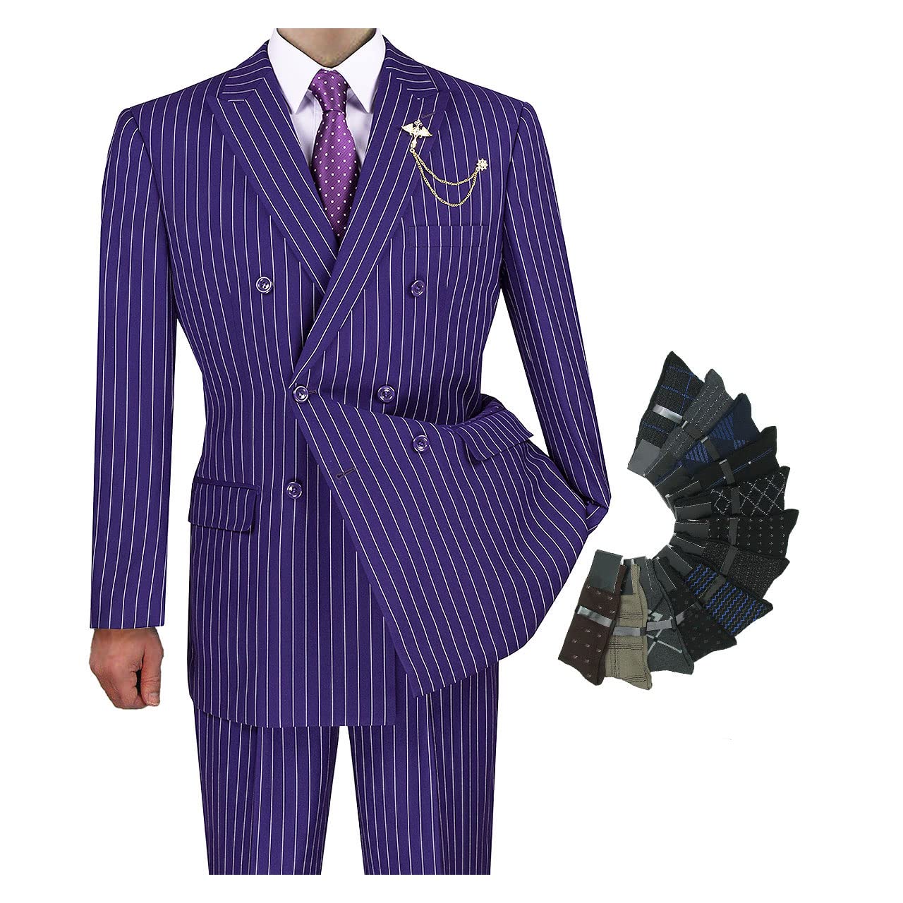 Premium 2-Piece Men's Double Breasted Pinstripe Suit Set with 1 Pair of Dress Socks | Sharp & Luxurious Business Attire for Weddings, Office & Formal Events