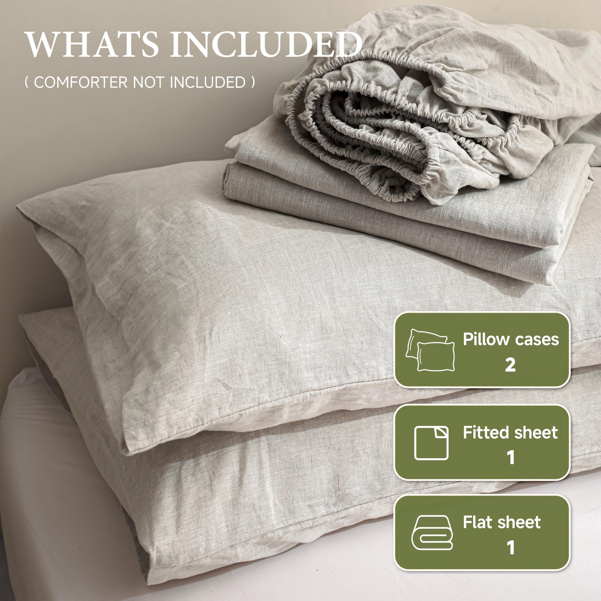 Premium 100% French Linen Sheet Set Queen Size - 4 Piece Natural Breathable Bedding | Soft & Durable All-Season Luxury Bed Sheets | Perfect for Master Bedroom, Guest Room & Vacation Homes (Linen, Queen)