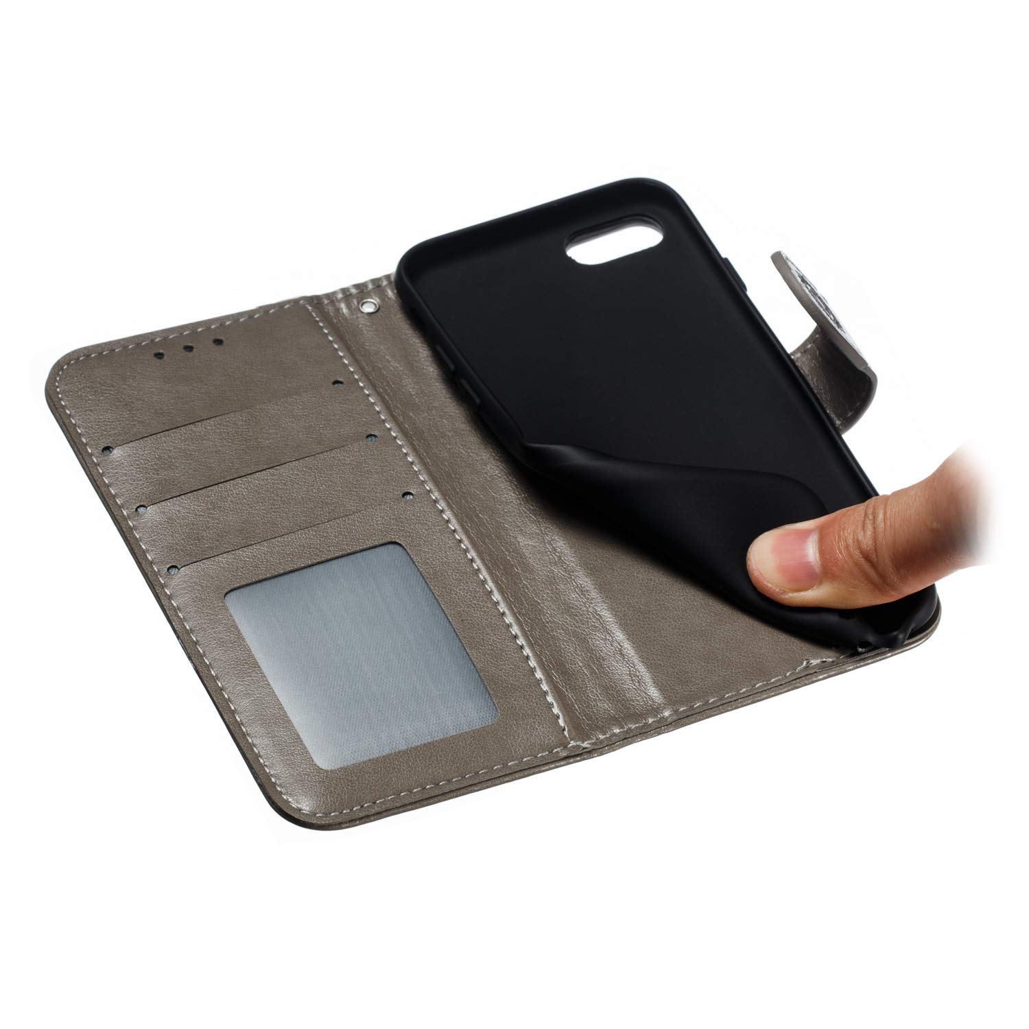 Premium Leather Mandala Flip Wallet Case for iPhone SE/7/8 - Slim Magnetic Stand Cover with Card Slots & Lanyard (Gray) | Perfect for Travel, Work & Everyday Protection