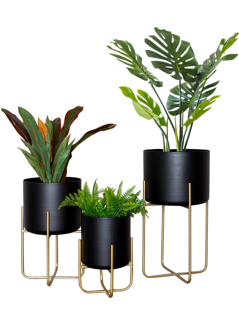 Large Floor Standing Planters with Metal Stand - Set of 3 Extra Large Black & Gold Tree Planters - Indoor/Outdoor Flower Pots for Home, Office & Garden Decor