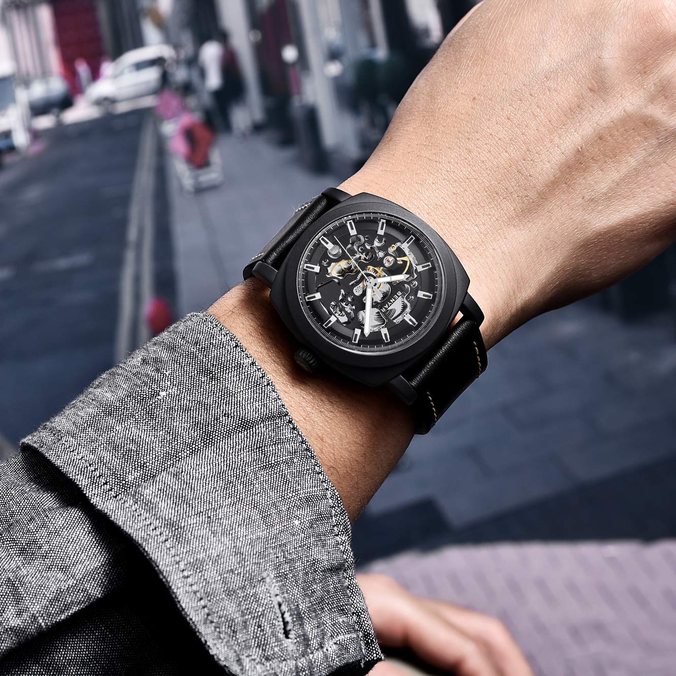 BENYAR Automatic Skeleton Mechanical Watch for Men - Black Leather Strap, Waterproof, Business & Casual Style | Perfect for Office, Formal Events & Everyday Wear