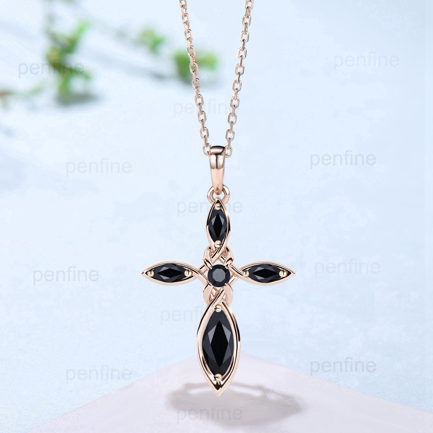 Viking Cross Necklace for Women - Black Spinel & Onyx Pendant in Silver or Rose Gold - Minimalist Celtic Jewelry with Personalized Marquise Design - Perfect for Everyday Wear, Gifts, and Viking-Themed Outfits