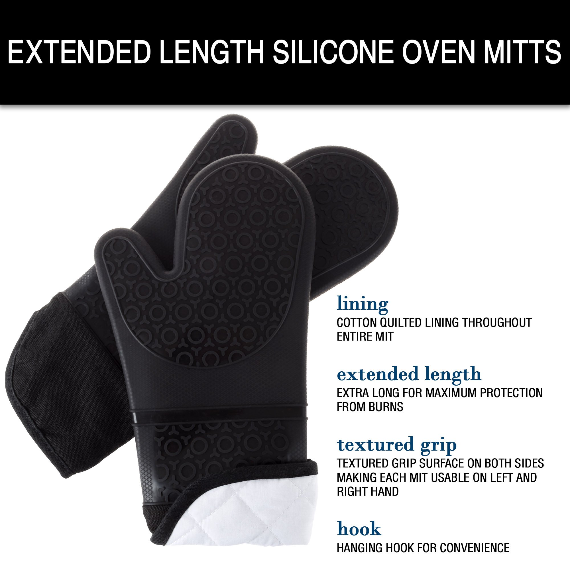 Bedford Home Extra Long Silicone Oven Mitts - Professional Heat Resistant Gloves with Quilted Lining & Non-Slip Grip (1 Pair, Black) - Perfect for Baking, Grilling, and Kitchen Safety