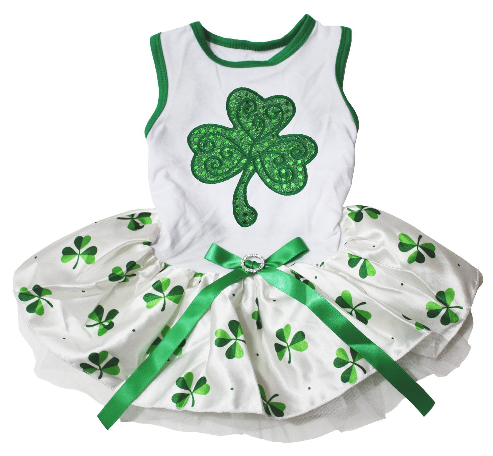Petitebella Green Sequins Clover Puppy Dog Dress - White with Green Bow & Shamrock Design - XX-Large Size for Small Dogs - Perfect for St. Patrick's Day & Pet Parties