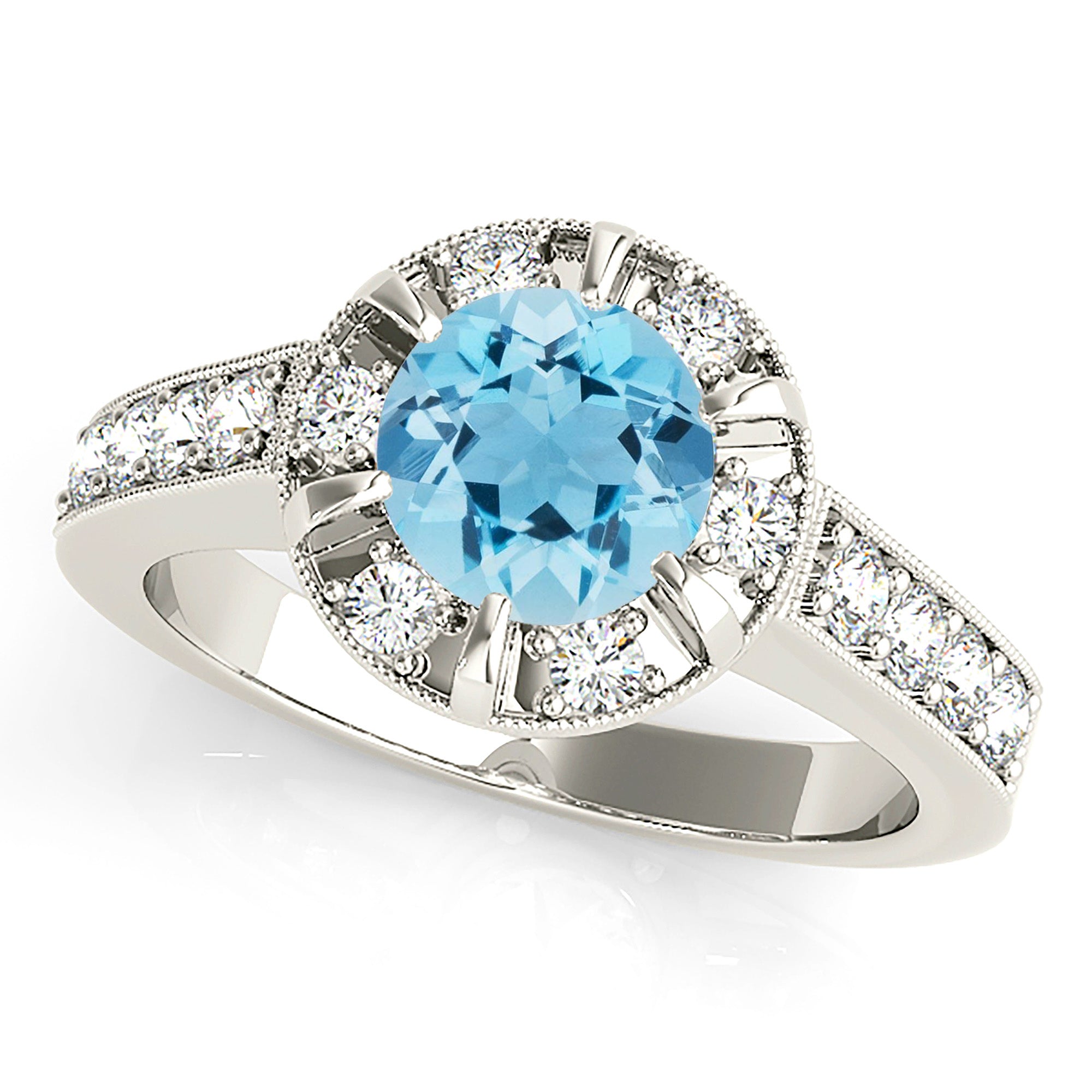 1.65 Carat Genuine Aquamarine Halo Ring with Milgrain Diamond Band - Elegant Birthstone Jewelry for Women, Perfect for Engagement, Anniversary & Special Occasions