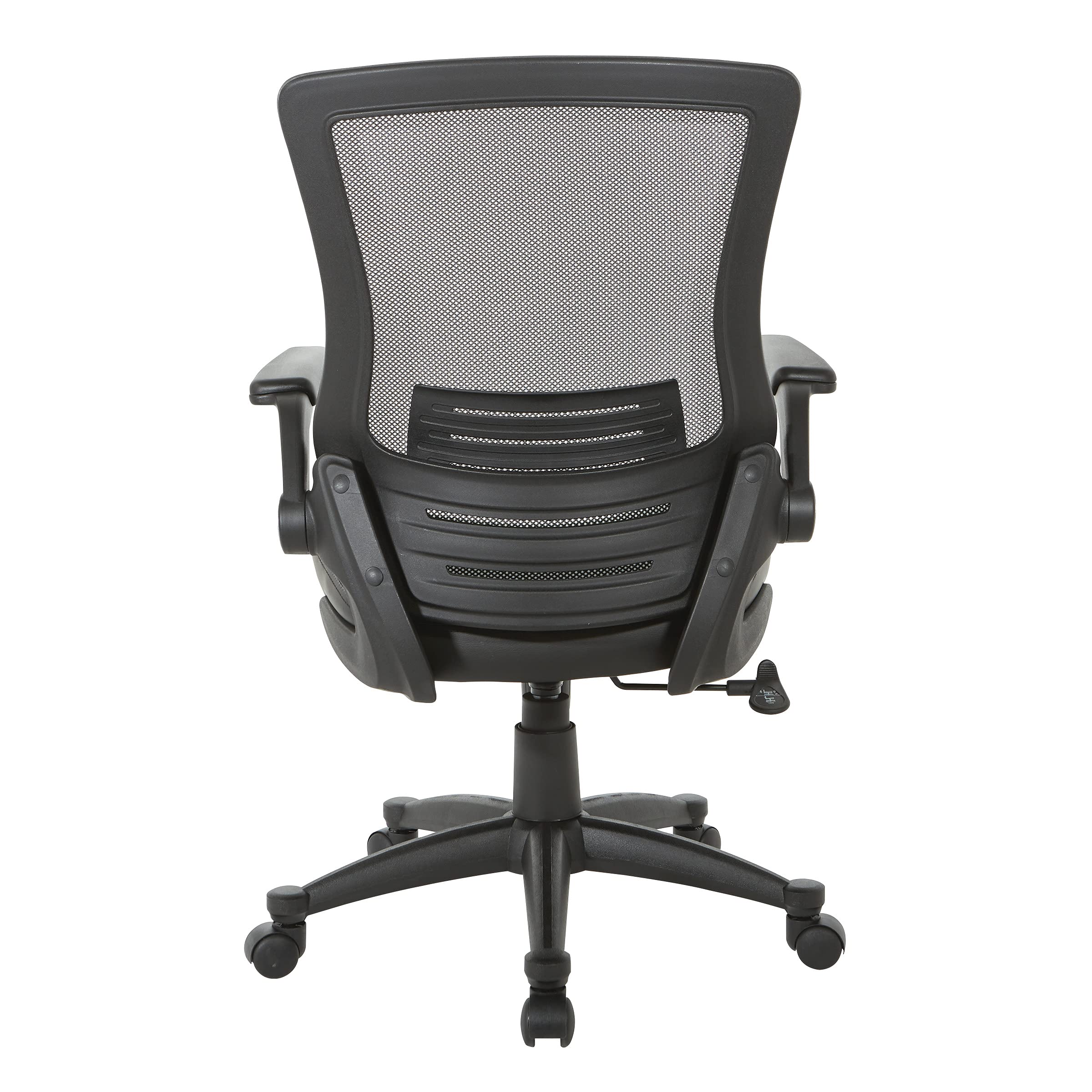 Office Star Ventilated Black Mesh Back Fully Adjustable Ergonomic Office Chair with Padded Flip-Up Arms and Swivel Nylon Base - Black Faux Leather Executive Chair for Home Office & Workspace